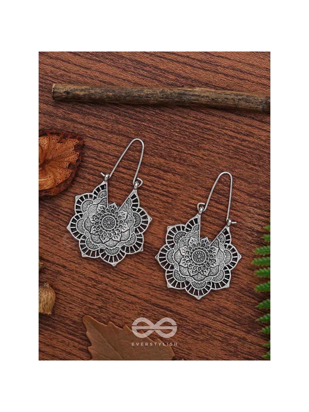 The Intricate Flower Danglers (Silver) - Oxidised Boho Earrings