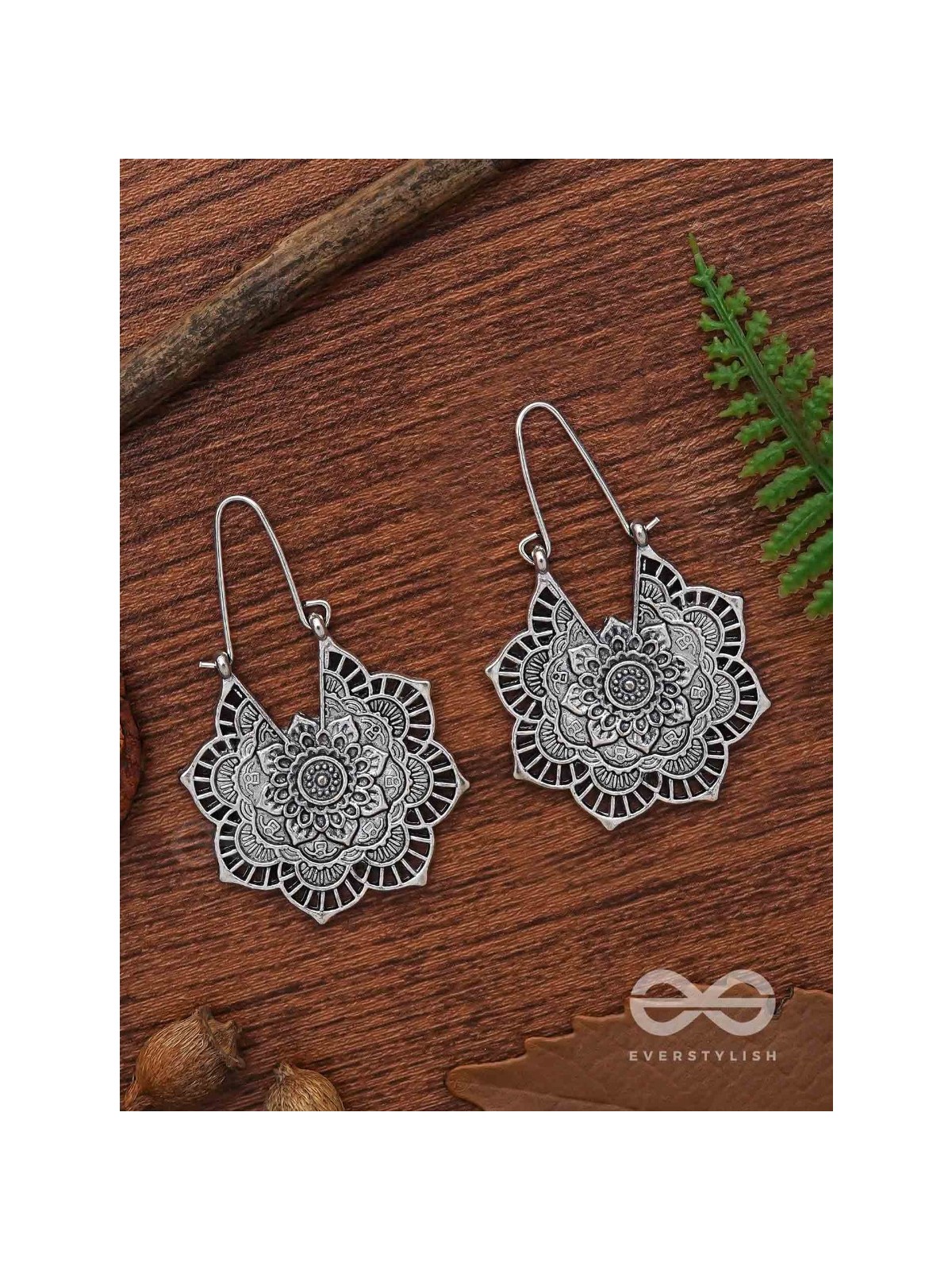The Intricate Flower Danglers (Silver) - Oxidised Boho Earrings