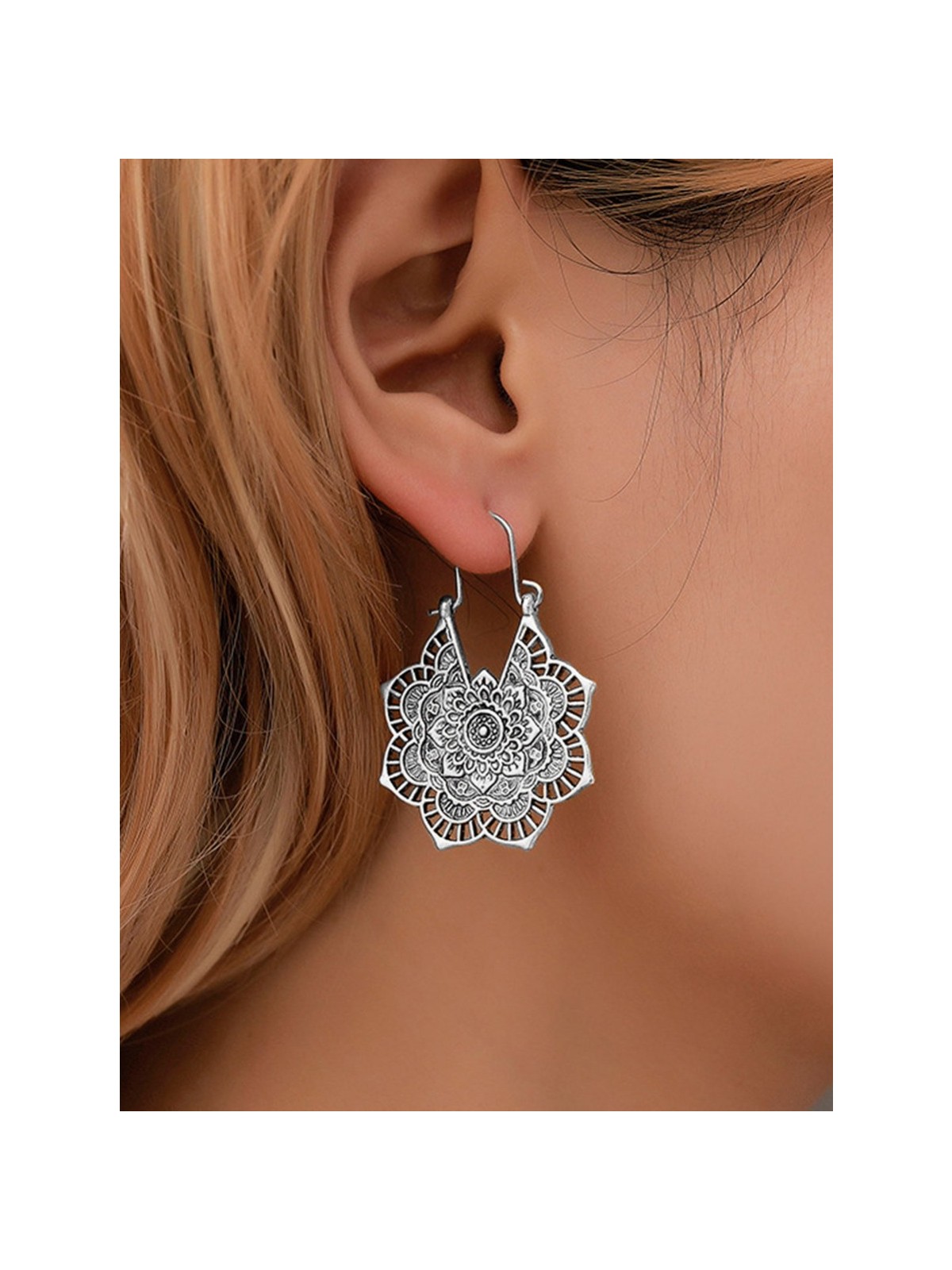 The Intricate Flower Danglers (Silver) - Oxidised Boho Earrings