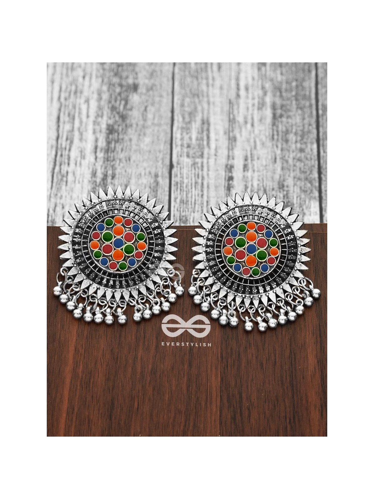 The Bohemian Chic - Meenakari Sun Studs - Oxidised Boho Collection