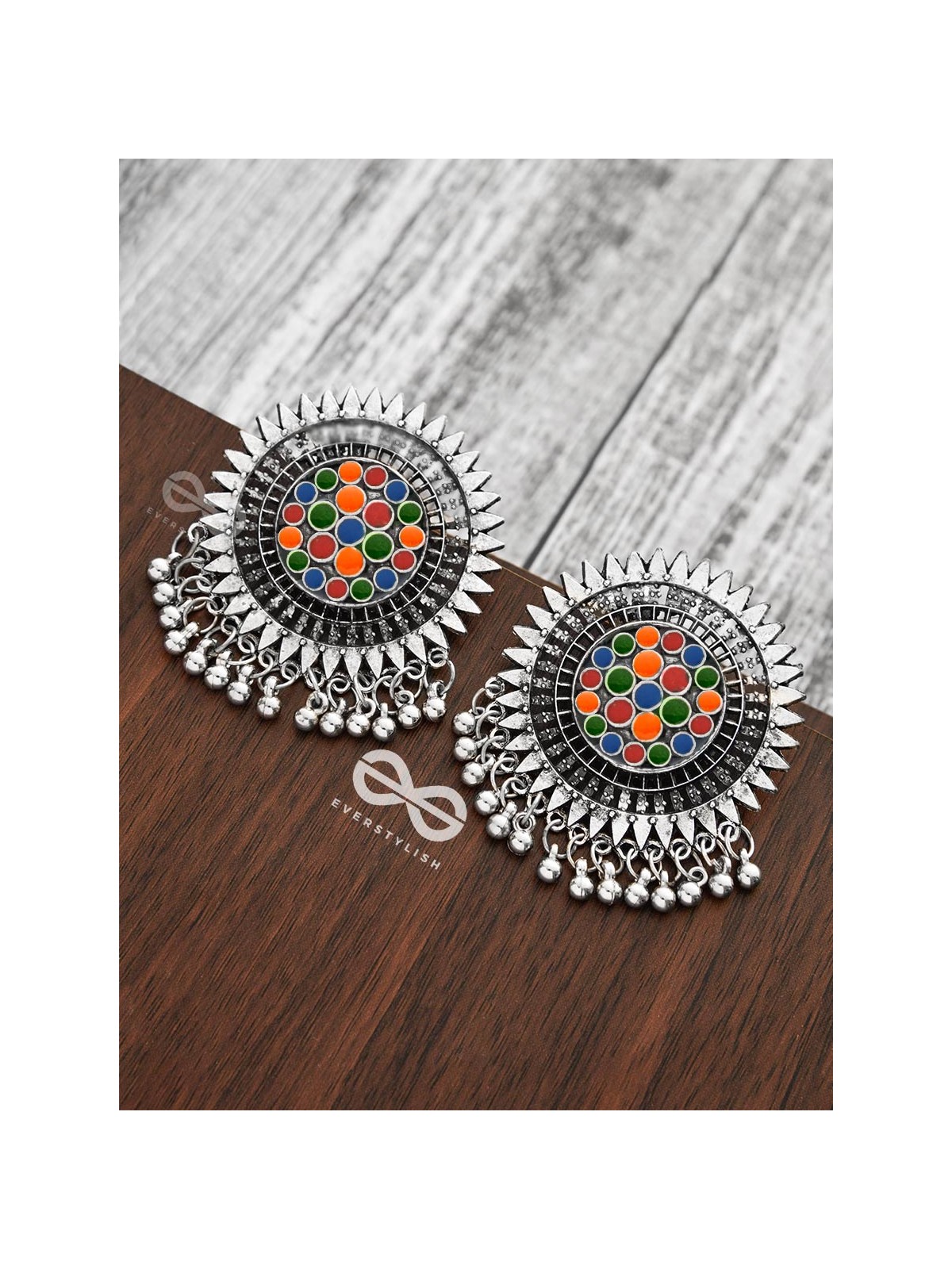 The Bohemian Chic - Meenakari Sun Studs - Oxidised Boho Collection