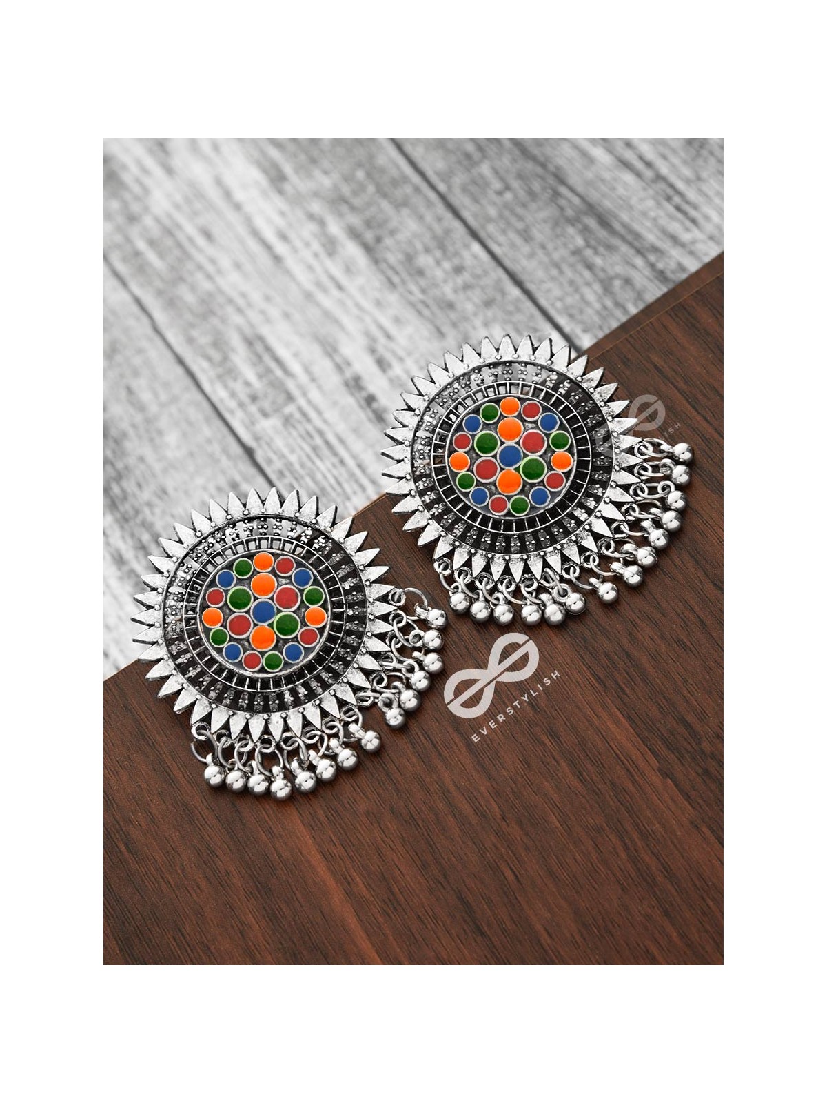 The Bohemian Chic - Meenakari Sun Studs - Oxidised Boho Collection
