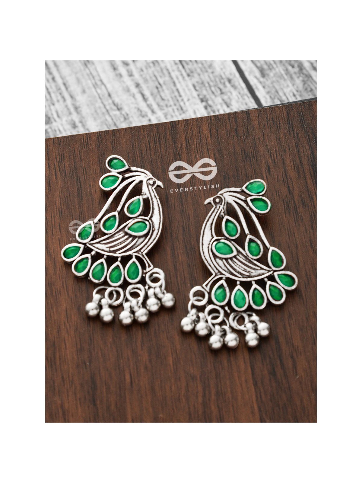 The Vintage Bird Artwork Studs(Emerald Green) - Embellished Oxidised Collection
