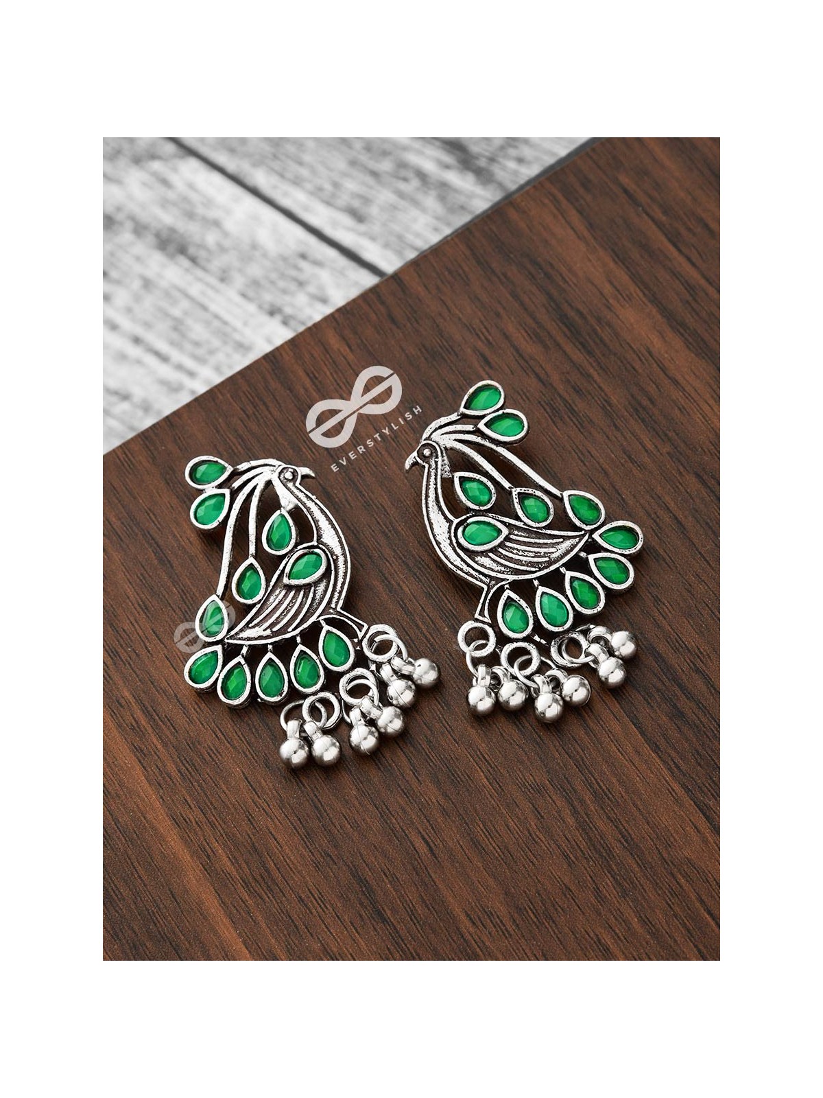 The Vintage Bird Artwork Studs(Emerald Green) - Embellished Oxidised Collection