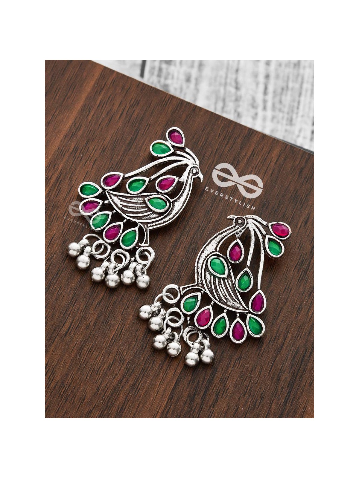 The Vintage Bird Artwork Studs(Ruby-Emerald) - Embellished Oxidised Collection