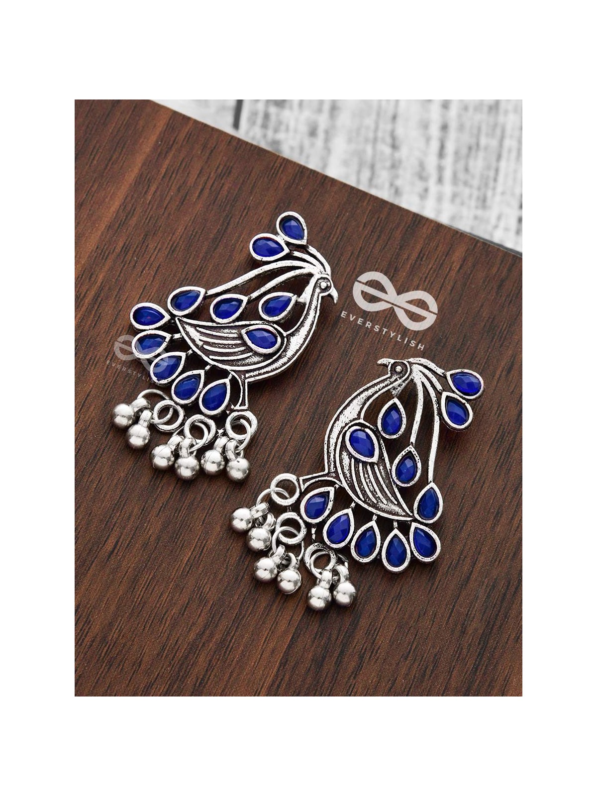 The Vintage Bird Artwork Studs(Sapphire Blue) - Embellished Oxidised Collection