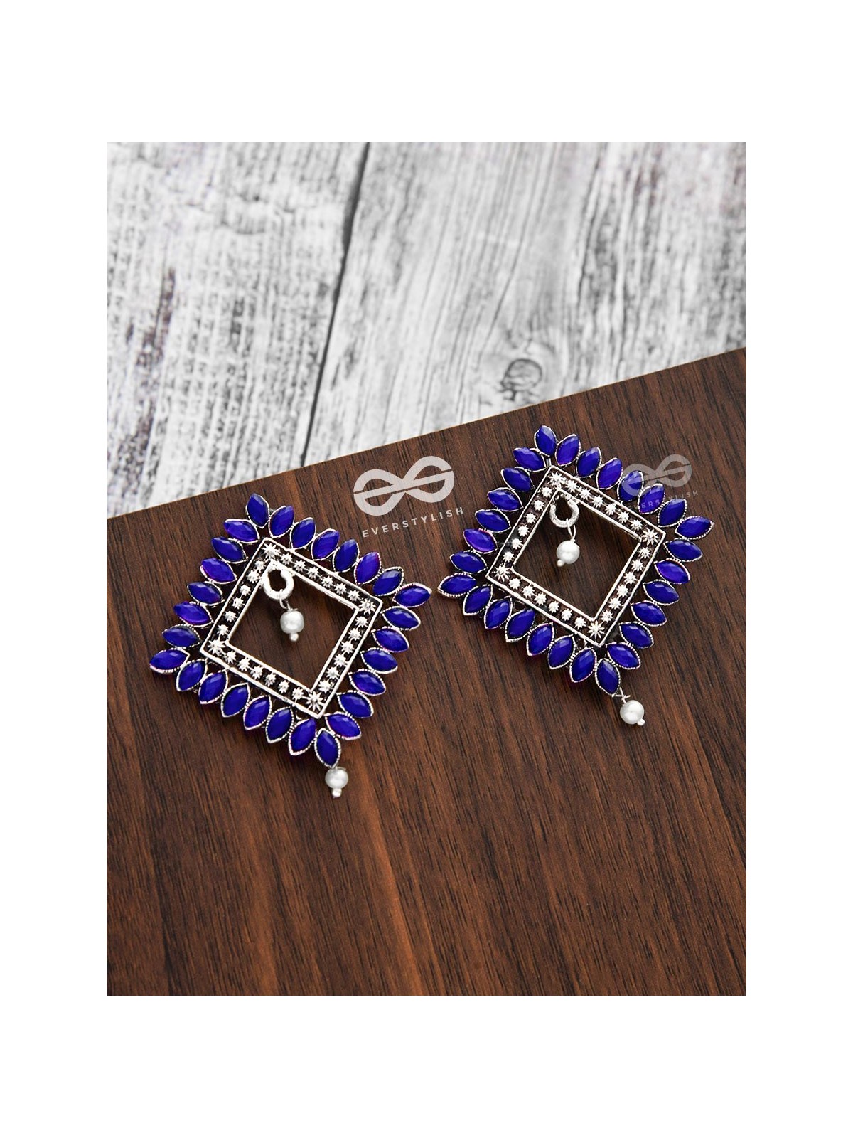 The Elegance Squared Studs (Sapphire Blue)- Embellished Oxidised Collection