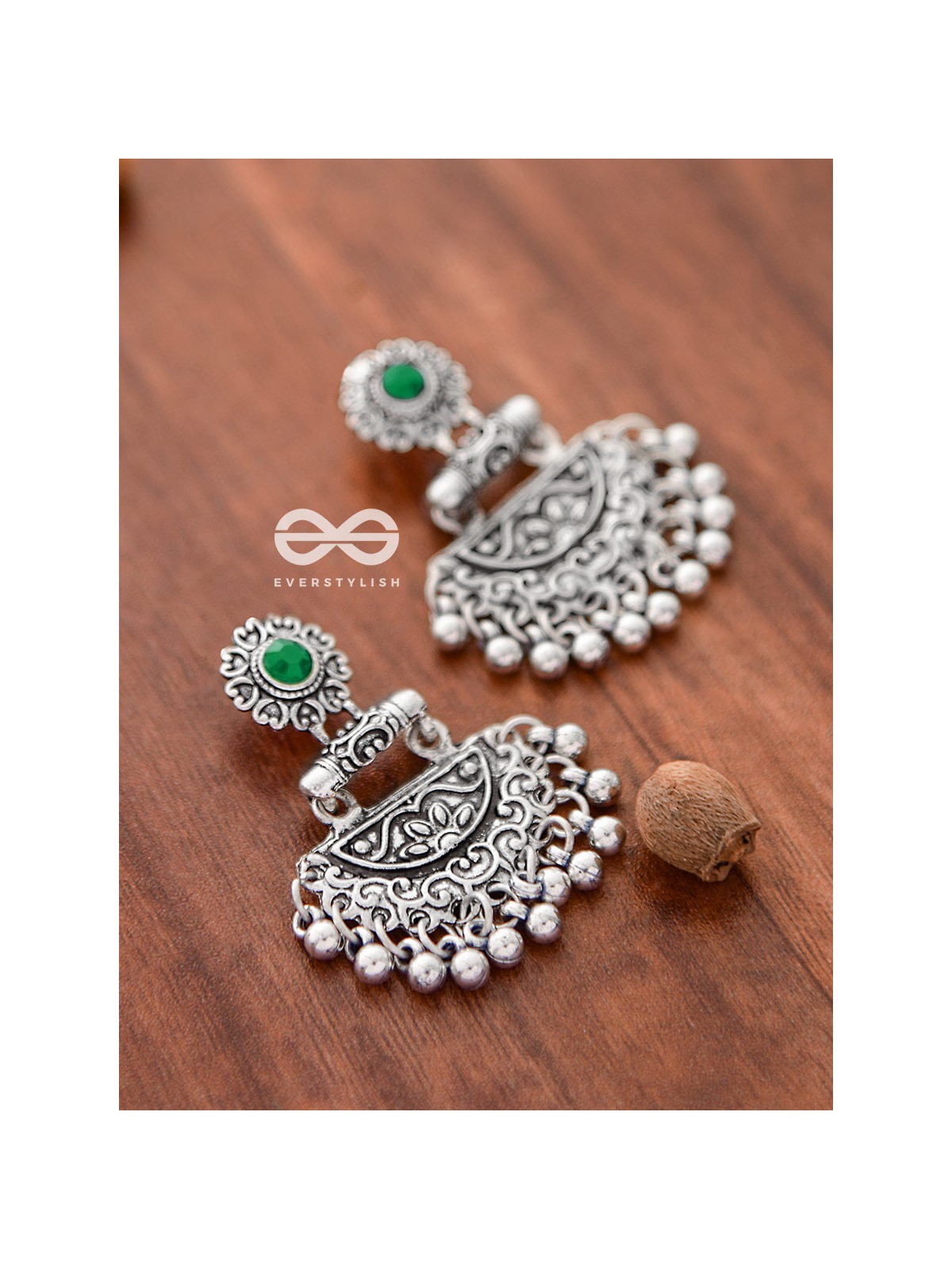 The Little Intricate Danglers (Emerald Green) - Embellished Oxidised Collection
