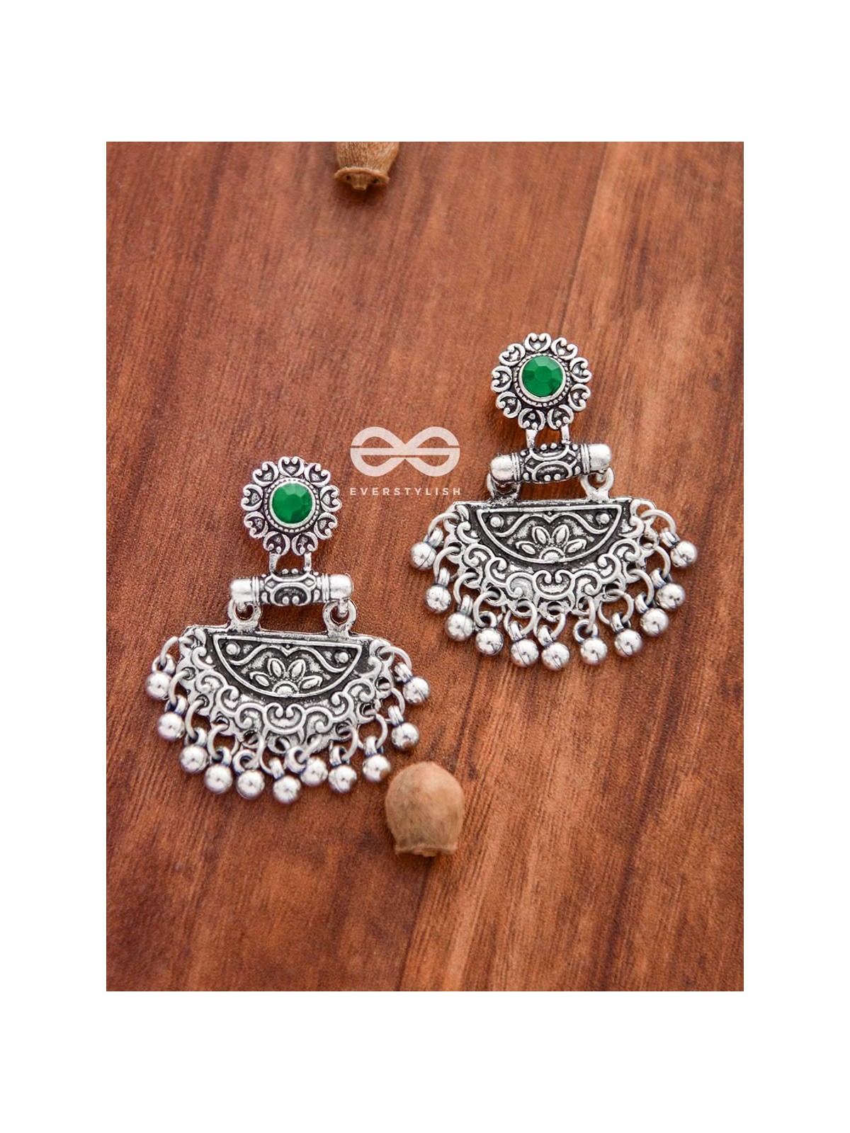 The Little Intricate Danglers (Emerald Green) - Embellished Oxidised Collection