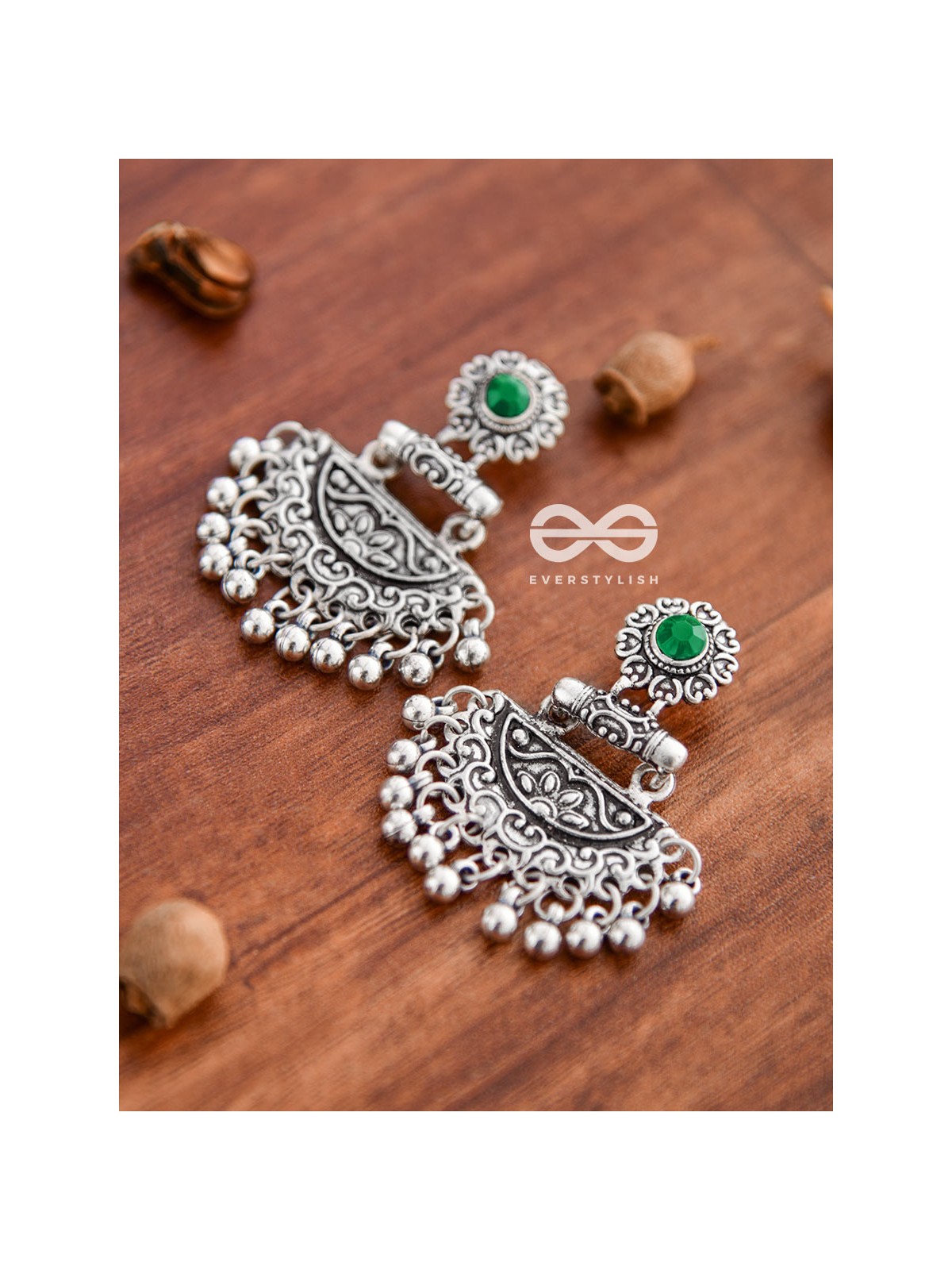 The Little Intricate Danglers (Emerald Green) - Embellished Oxidised Collection