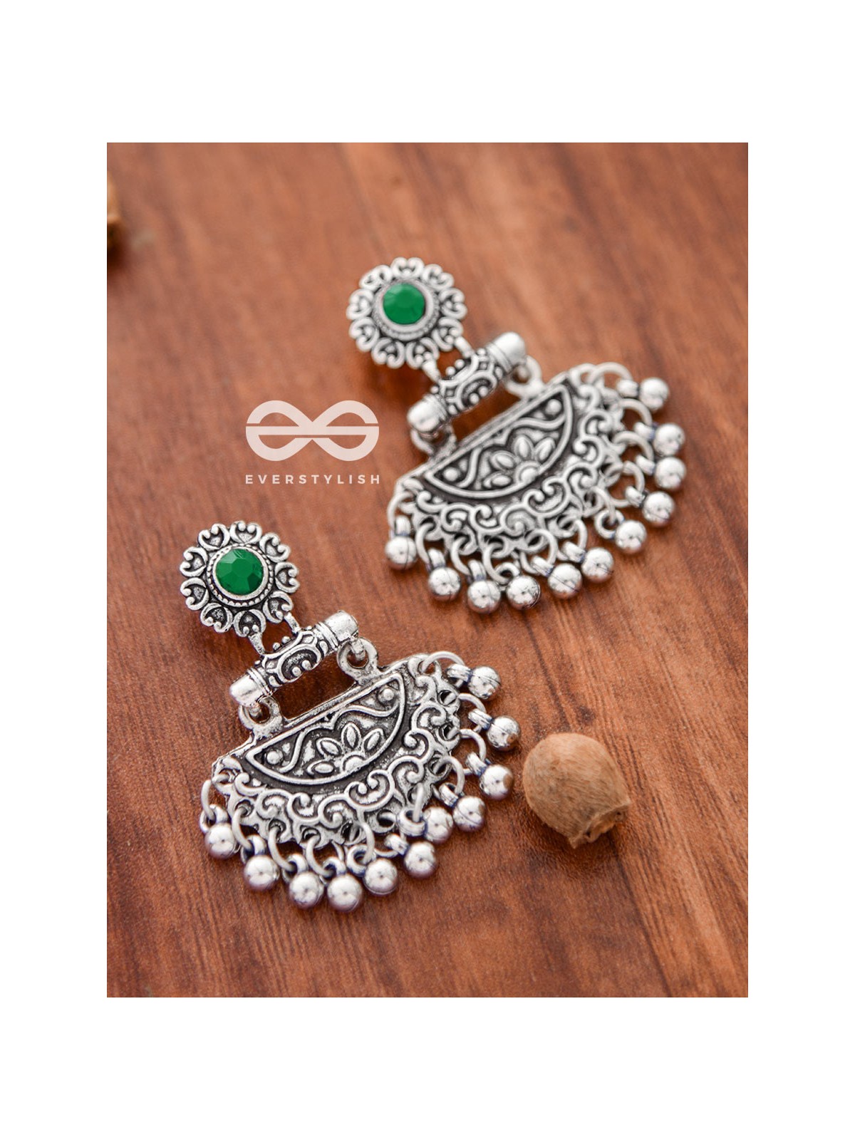 The Little Intricate Danglers (Emerald Green) - Embellished Oxidised Collection
