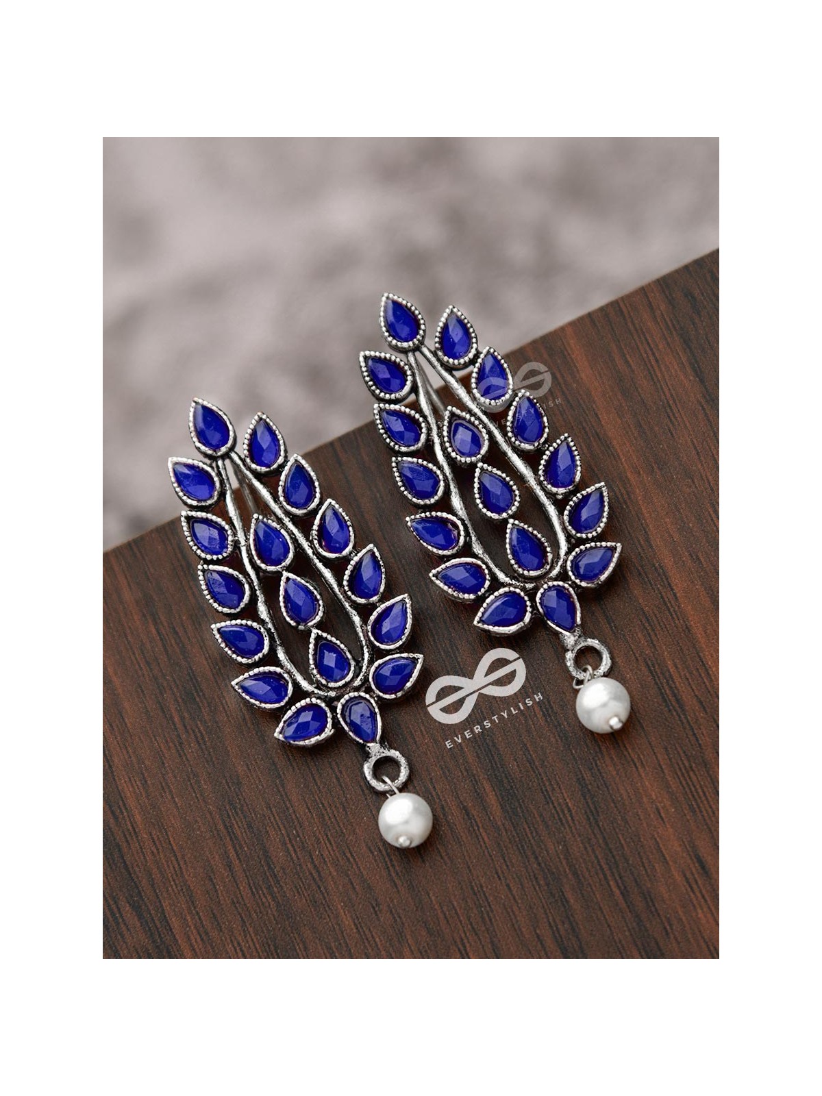 The Shimmering Leaves (Sapphire Blue)- Embellished Oxidised Earrings