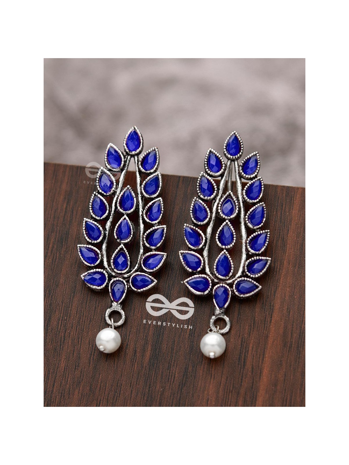 The Shimmering Leaves (Sapphire Blue)- Embellished Oxidised Earrings