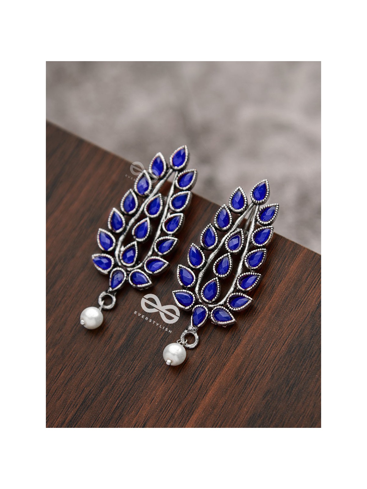 The Shimmering Leaves (Sapphire Blue)- Embellished Oxidised Earrings