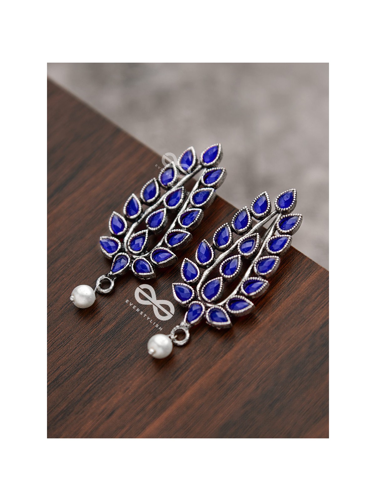 The Shimmering Leaves (Sapphire Blue)- Embellished Oxidised Earrings