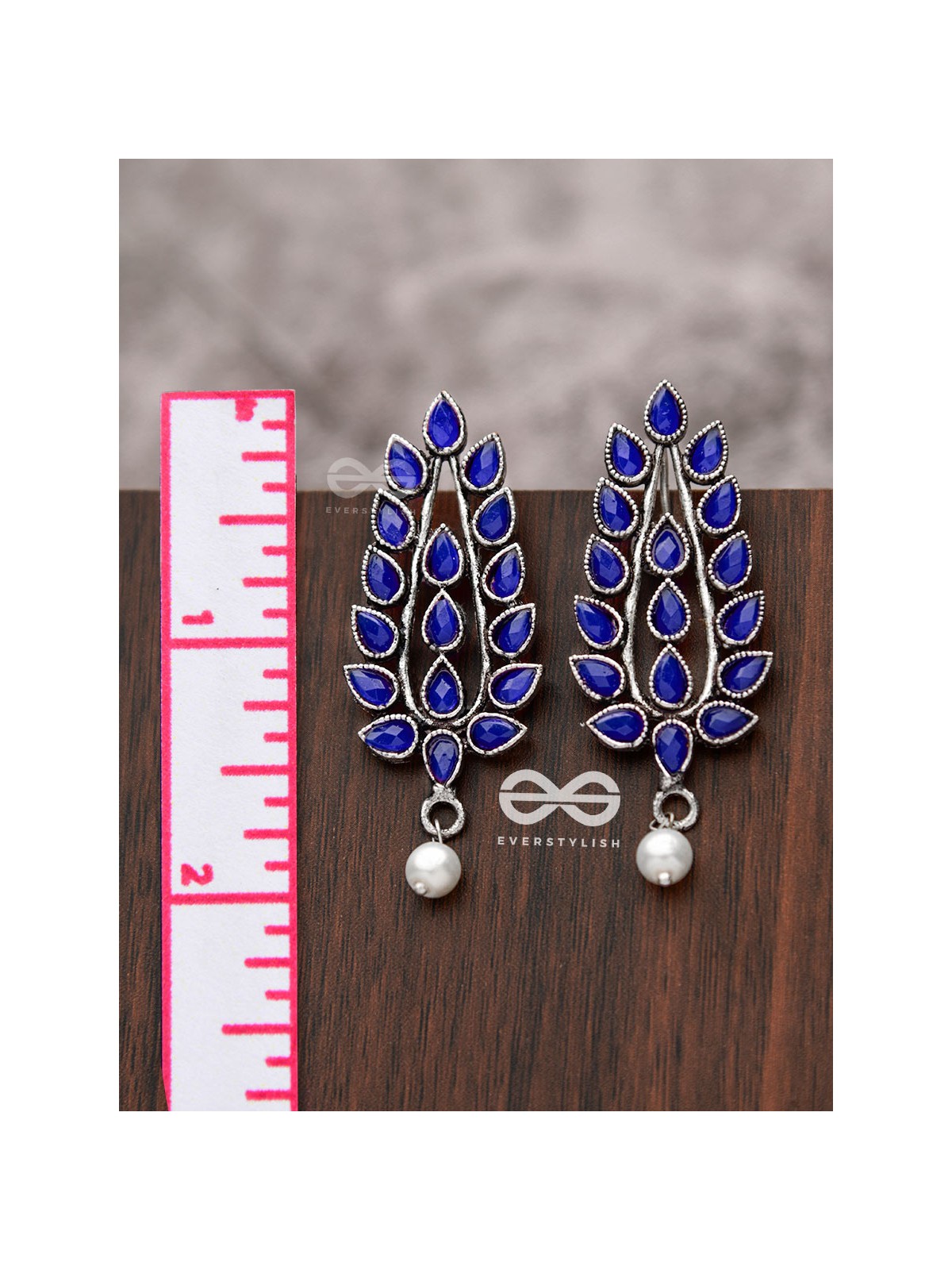 The Shimmering Leaves (Sapphire Blue)- Embellished Oxidised Earrings