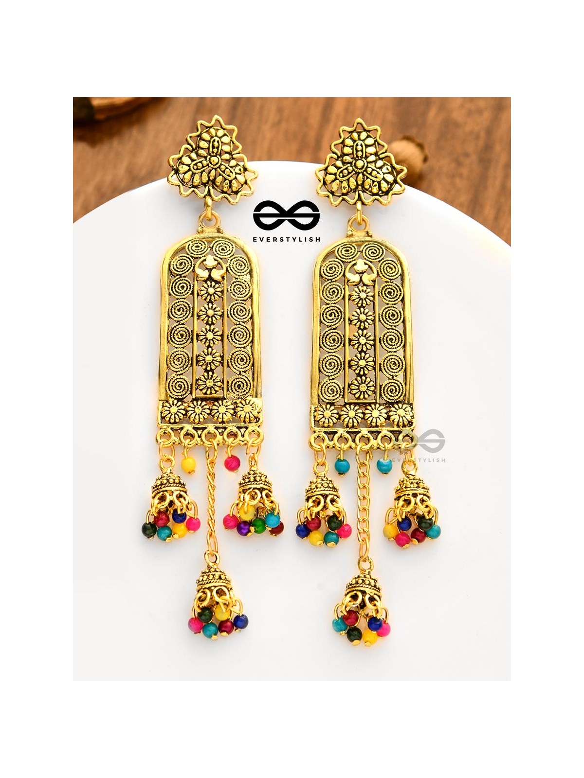 The Triple Jhumki Artistic Delight (Golden) - Oxidised Boho Earrings