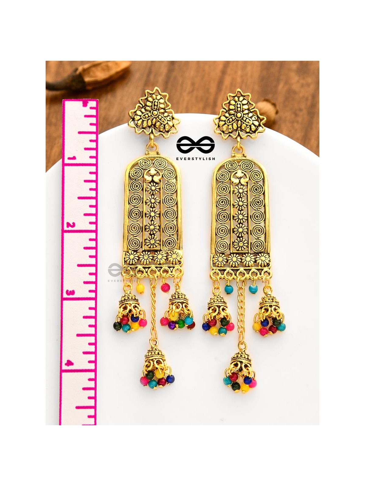 The Triple Jhumki Artistic Delight (Golden) - Oxidised Boho Earrings