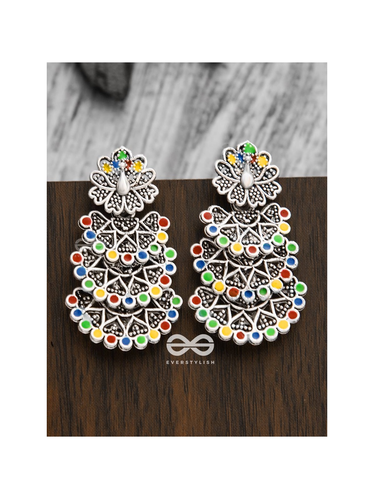 The Multi-Layered Multicoloured Peacocks - Oxidised Boho Earrings
