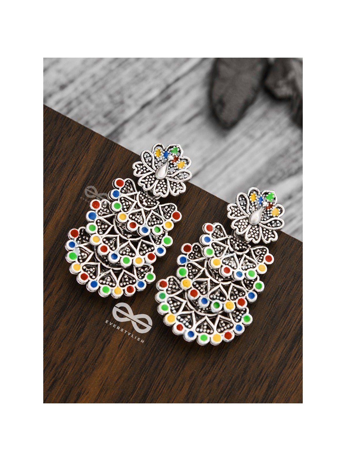 The Multi-Layered Multicoloured Peacocks - Oxidised Boho Earrings