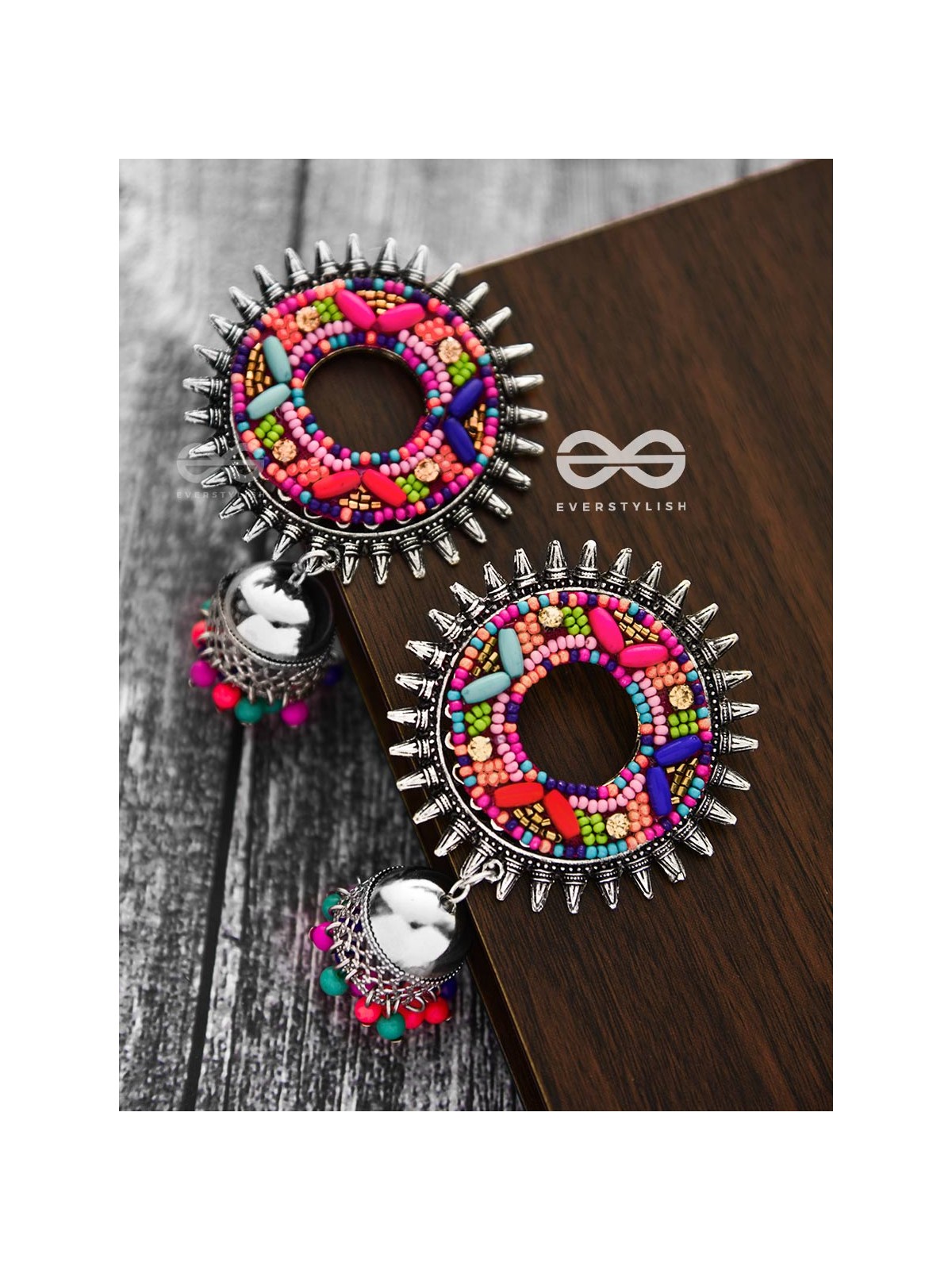 The Rounded Beaded Artwork Jhumkis - The Embroidered Oxidised Collection