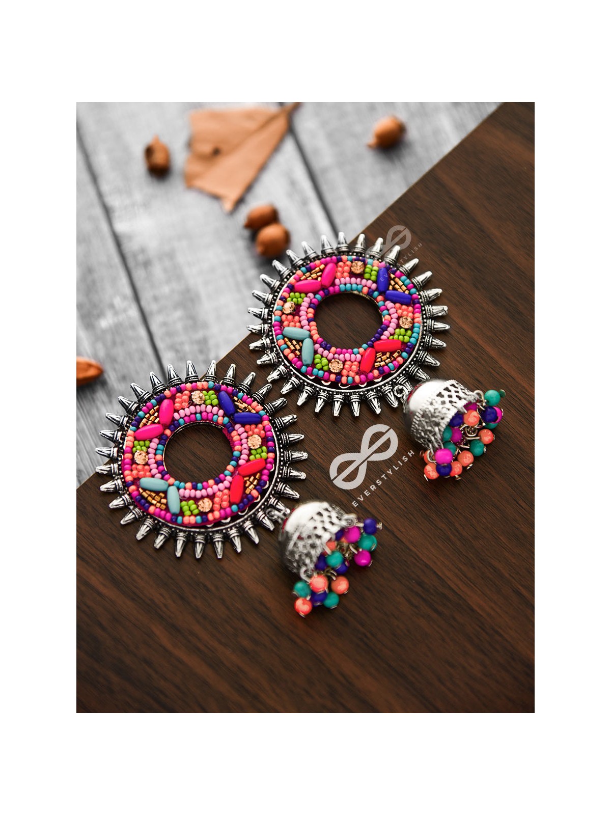 The Rounded Beaded Artwork Jhumkis - The Embroidered Oxidised Collection