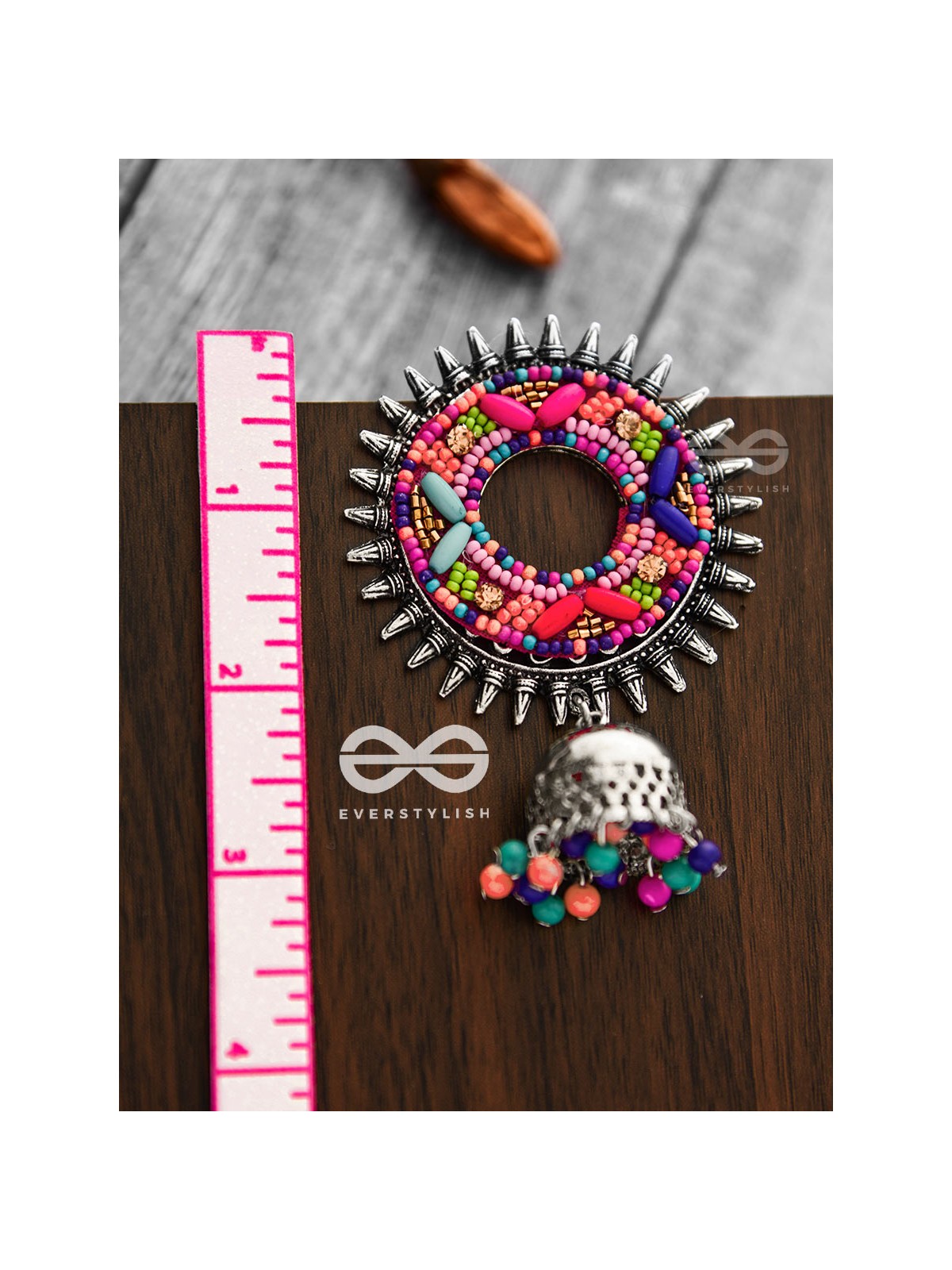 The Rounded Beaded Artwork Jhumkis - The Embroidered Oxidised Collection