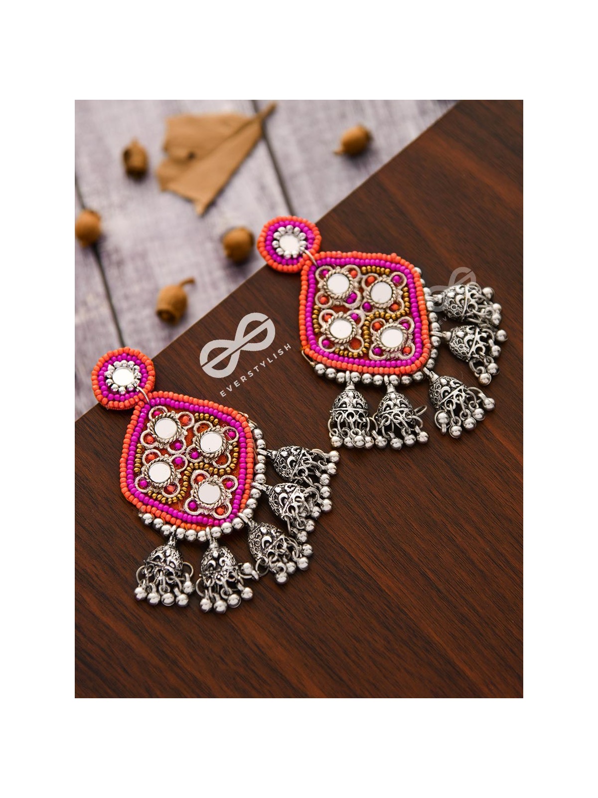 An Intricate Mirror Work Multi Jhumki Embroidered Earrings (Pink)