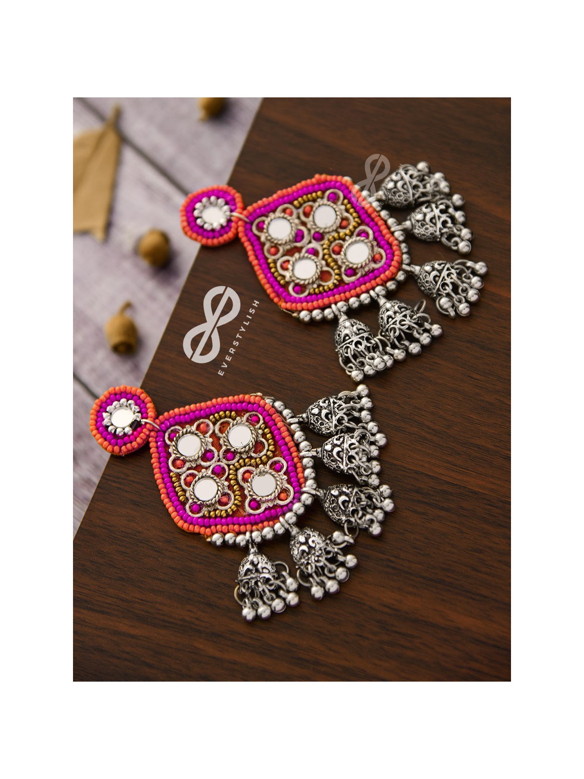 An Intricate Mirror Work Multi Jhumki Embroidered Earrings (Pink)