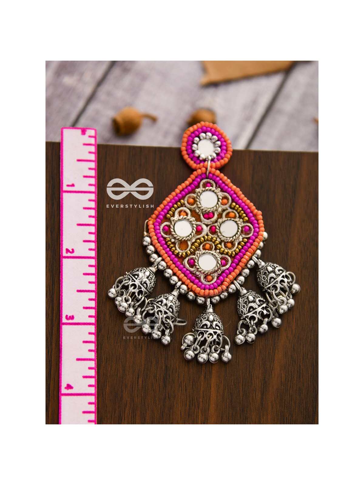 An Intricate Mirror Work Multi Jhumki Embroidered Earrings (Pink)