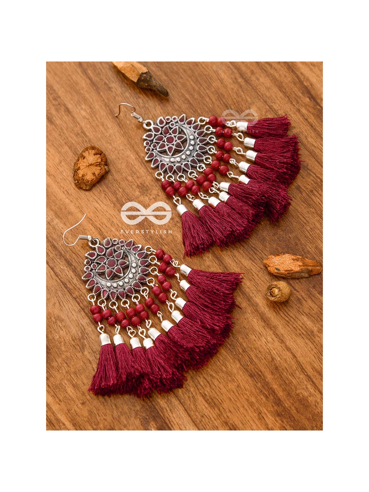 The Enamelled Artwork Tassels (Burgundy) - Oxidised Boho Earrings