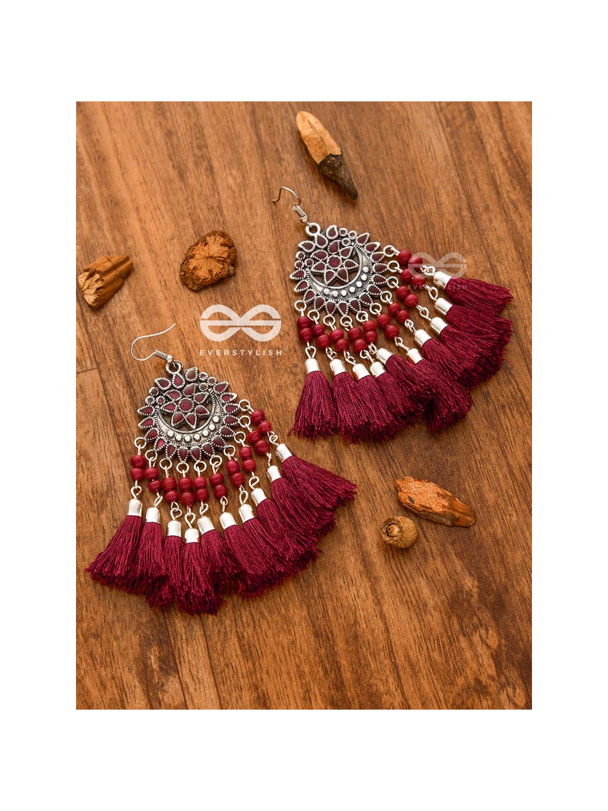 The Enamelled Artwork Tassels (Burgundy) - Oxidised Boho Earrings