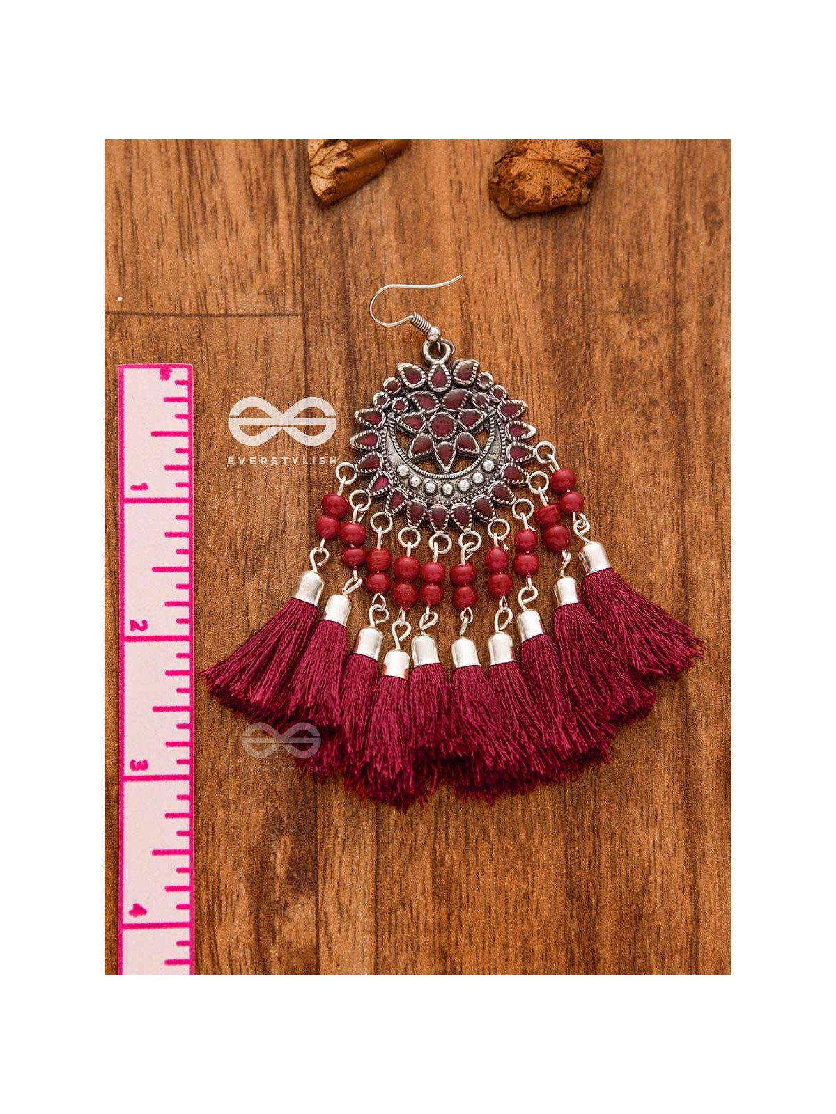 The Enamelled Artwork Tassels (Burgundy) - Oxidised Boho Earrings