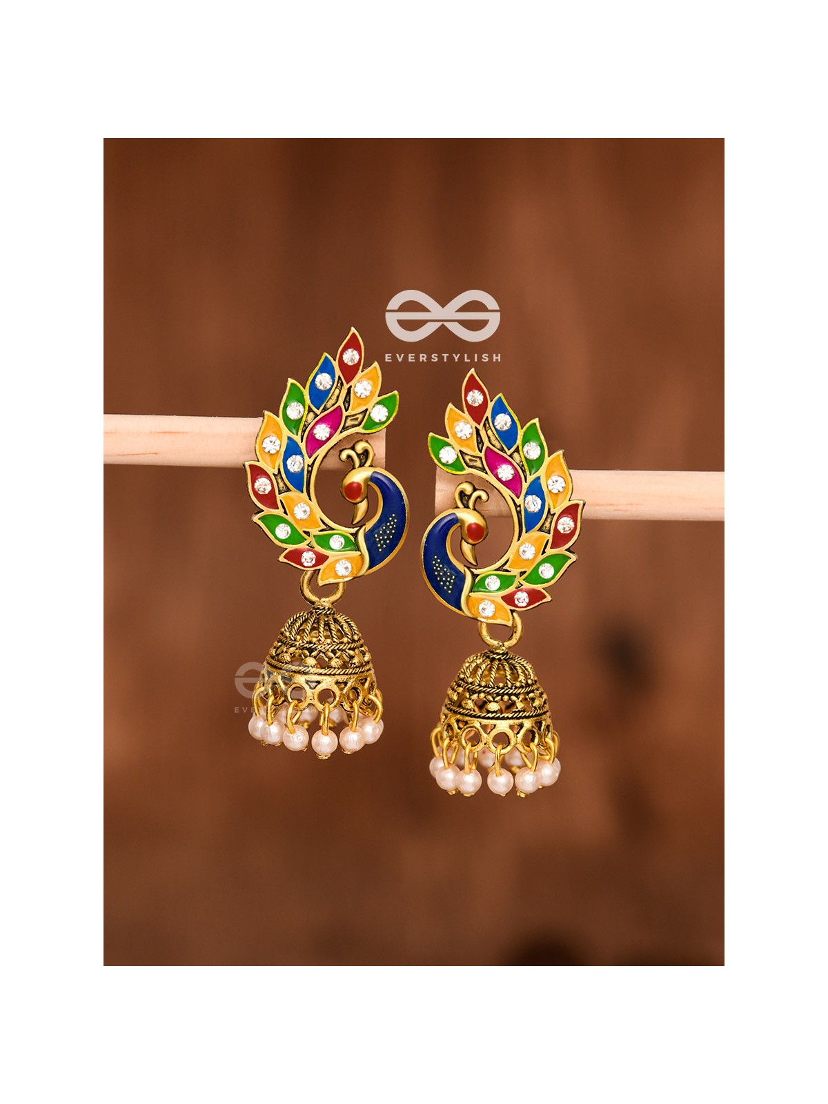 The Little Meenakari Artwork Peacock Jhumkis (Golden)