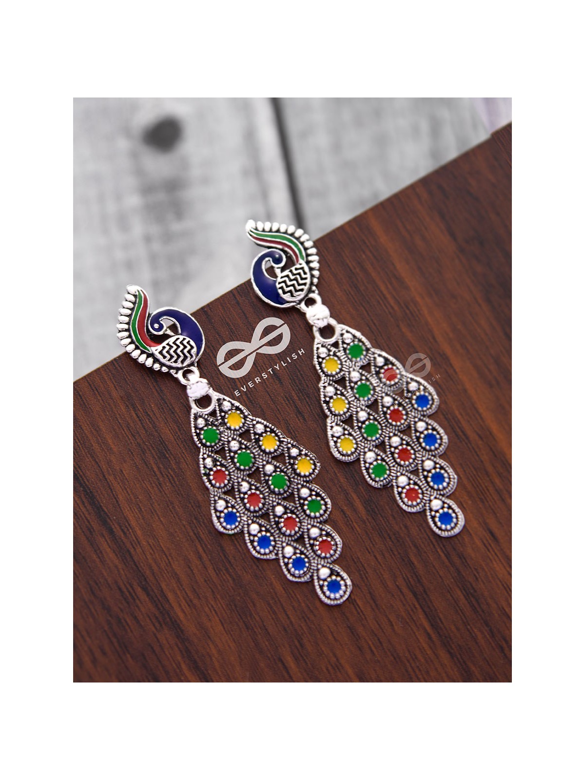 The Meenakari Artwork Peacock Danglers - Embellished Oxidised Collection