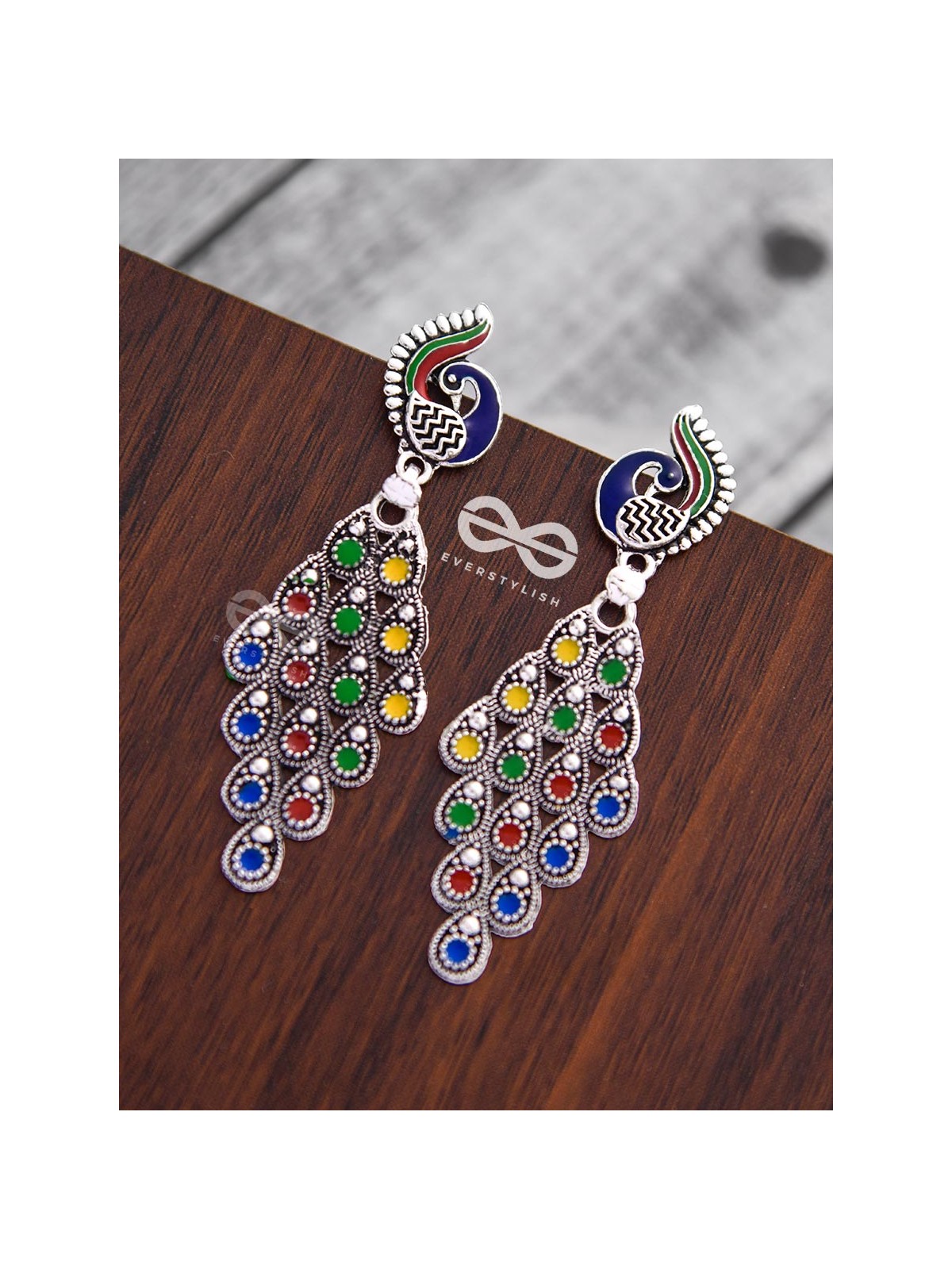 The Meenakari Artwork Peacock Danglers - Embellished Oxidised Collection