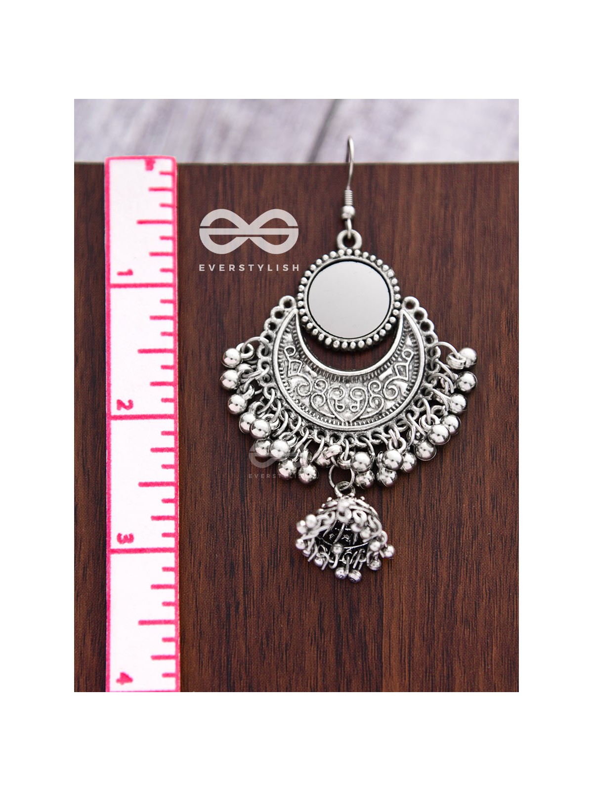 The Mirror Motif Jhumkis - Oxidised Boho Earrings