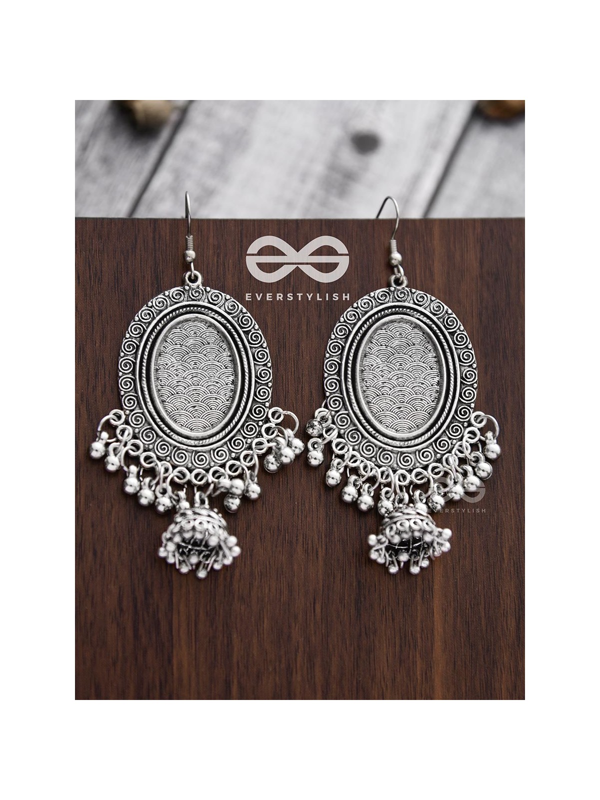 The Motif Mirror Frame Jhumkis - Oxidised Boho Earrings