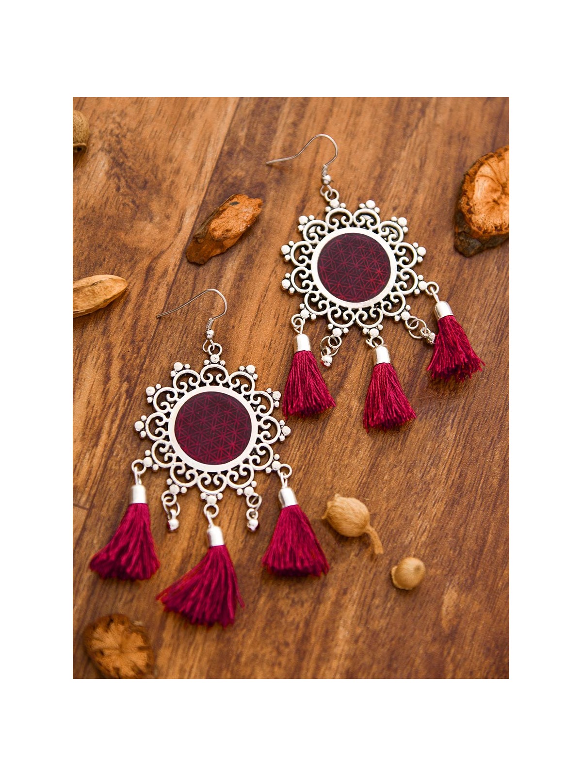 The Enamelled Tasselled Sun (Burgundy) - Oxidised Boho Earrings