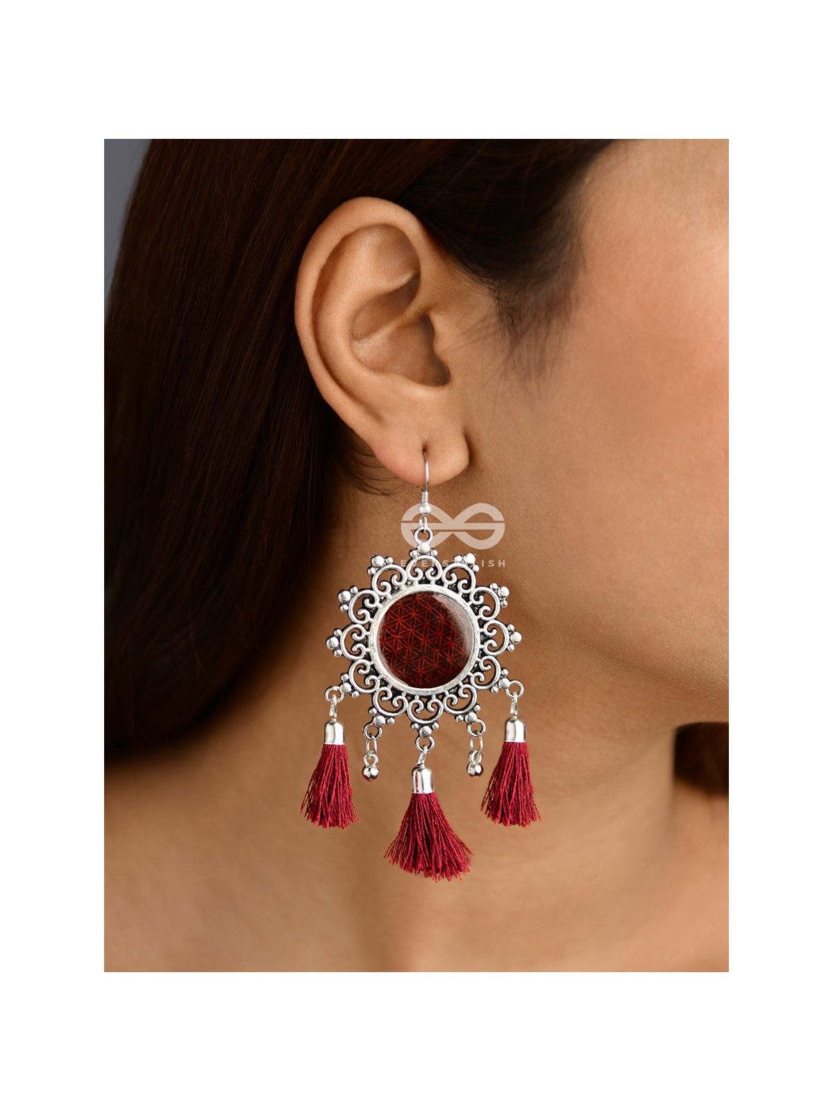 The Enamelled Tasselled Sun (Burgundy) - Oxidised Boho Earrings