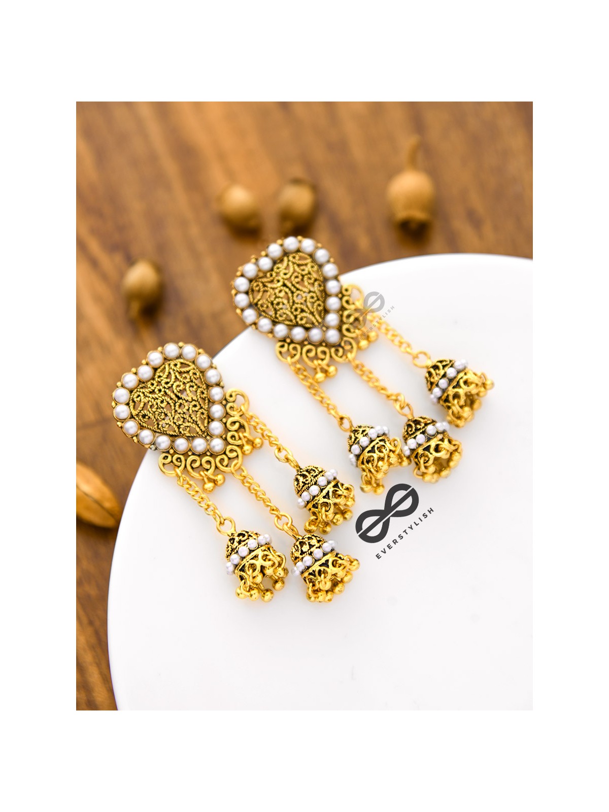 The Boho Pearl Heart Triple Jhumki Earrings (Golden)
