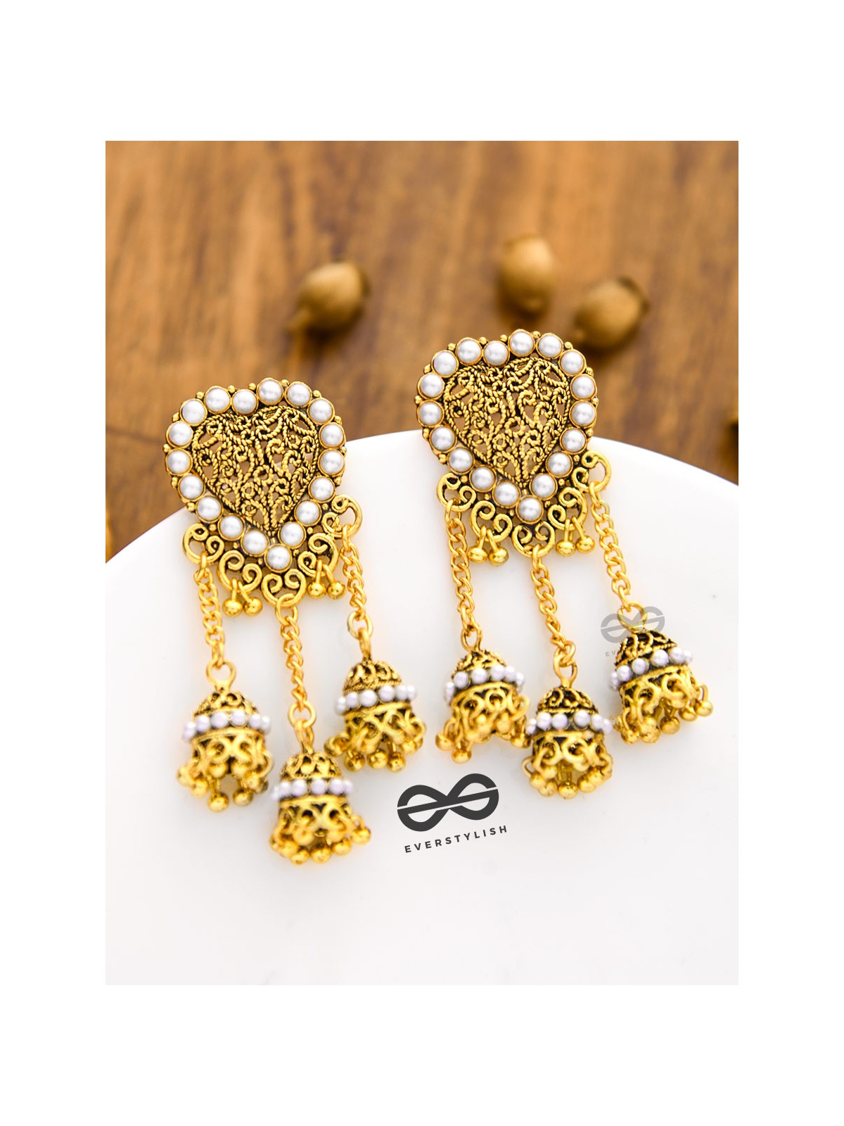 The Boho Pearl Heart Triple Jhumki Earrings (Golden)