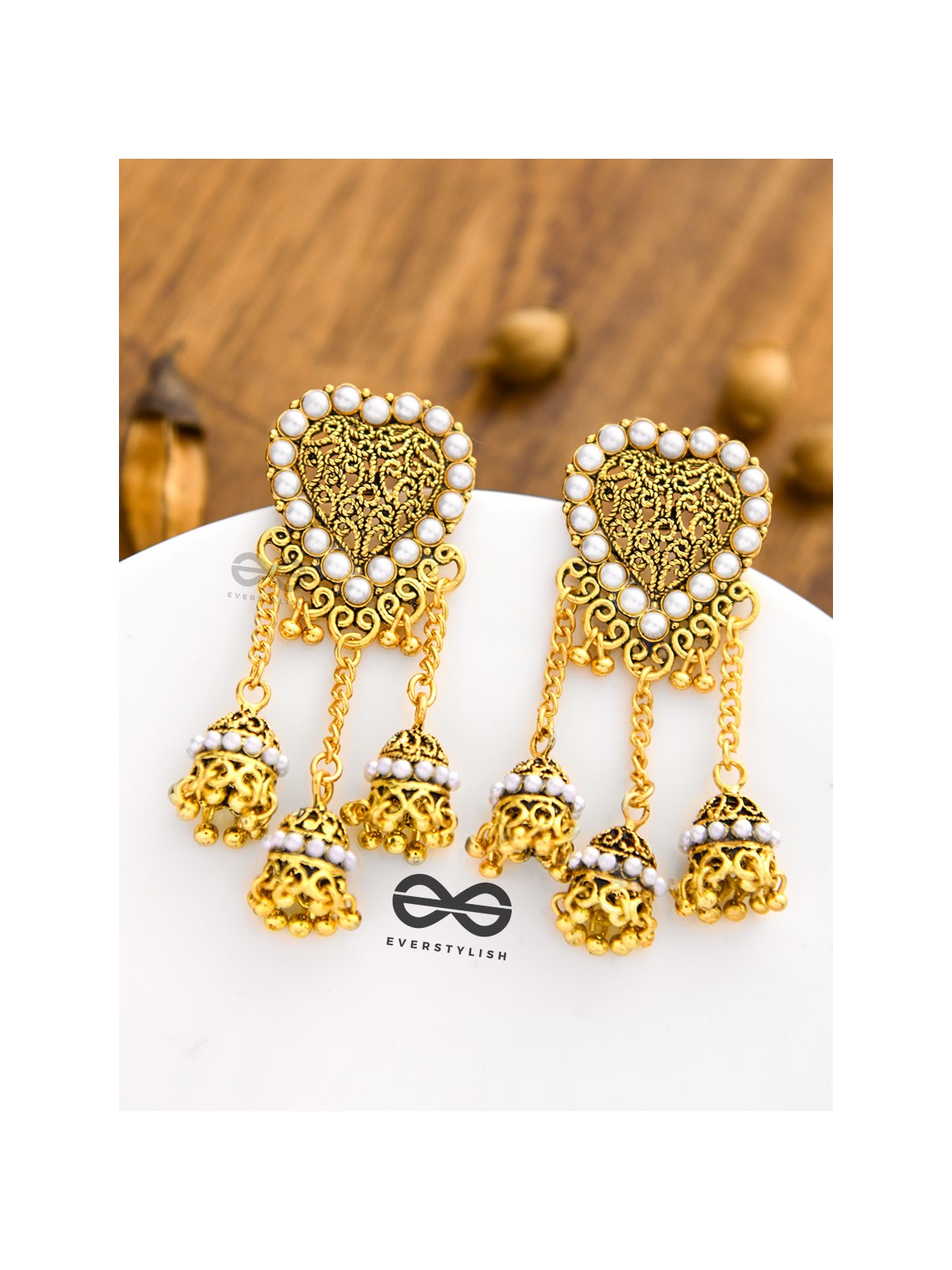 The Boho Pearl Heart Triple Jhumki Earrings (Golden)
