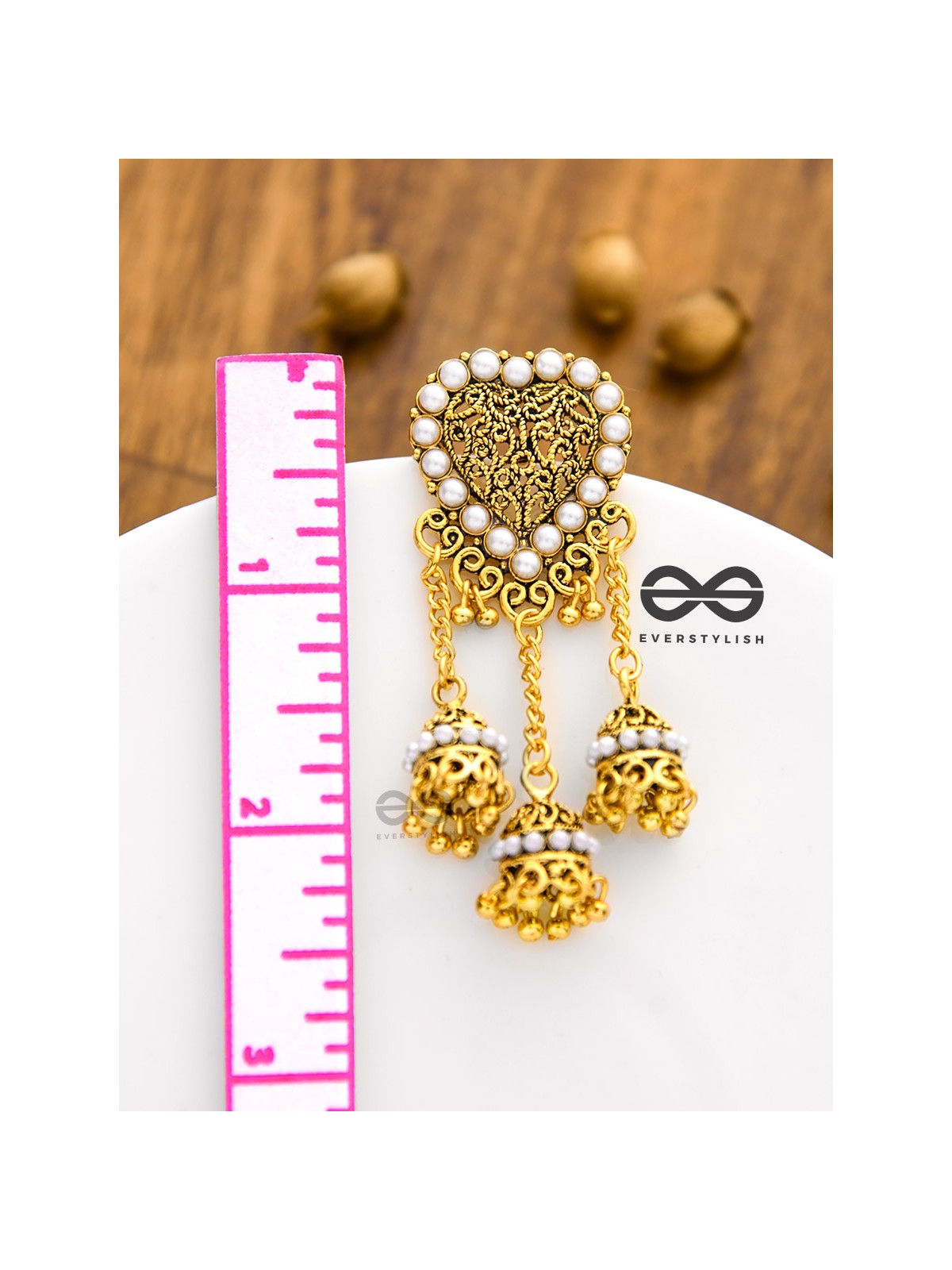 The Boho Pearl Heart Triple Jhumki Earrings (Golden)