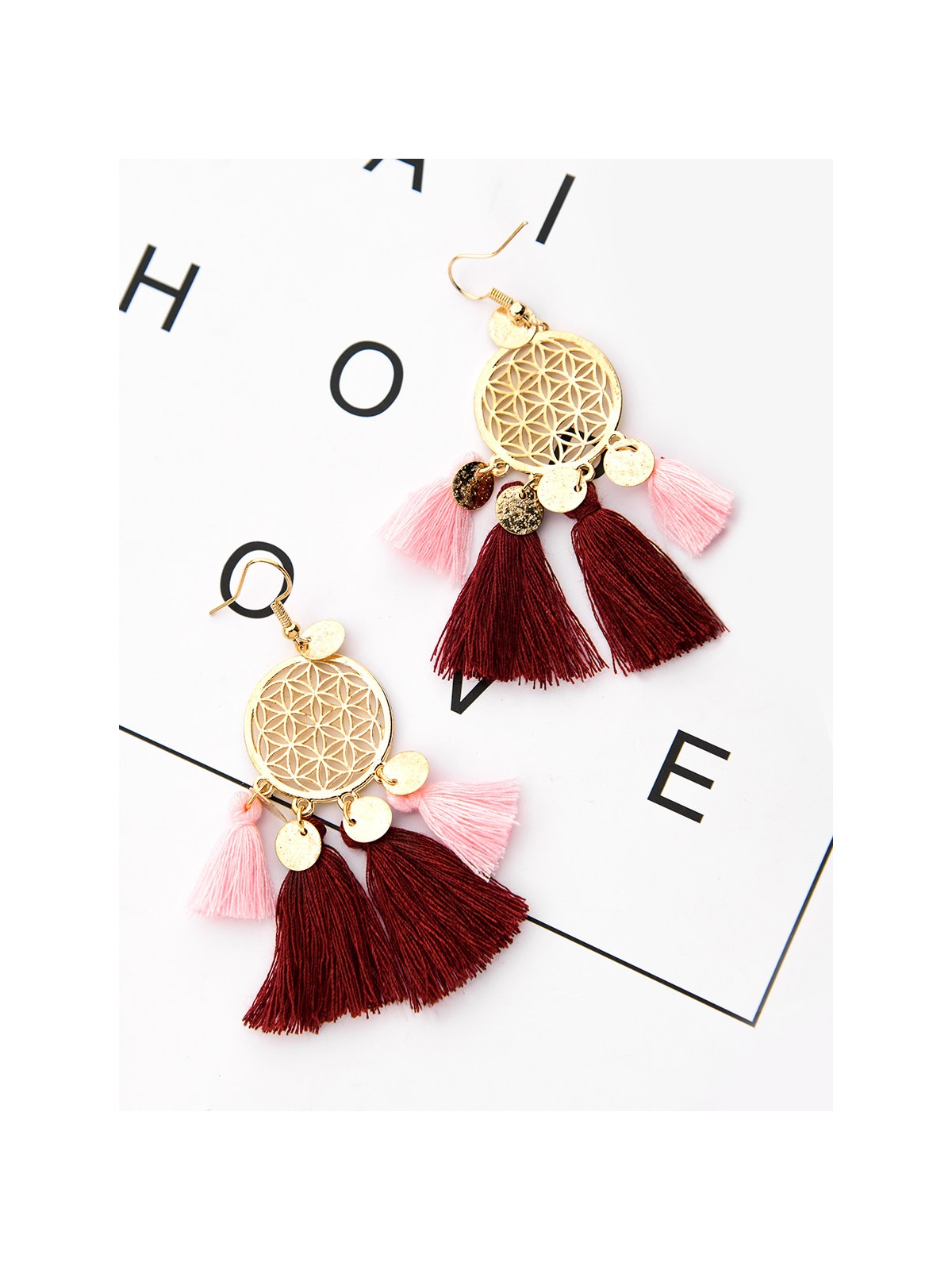 The Chic Dreamcatchers - Golden Tasseled Earrings (Pink-Maroon)