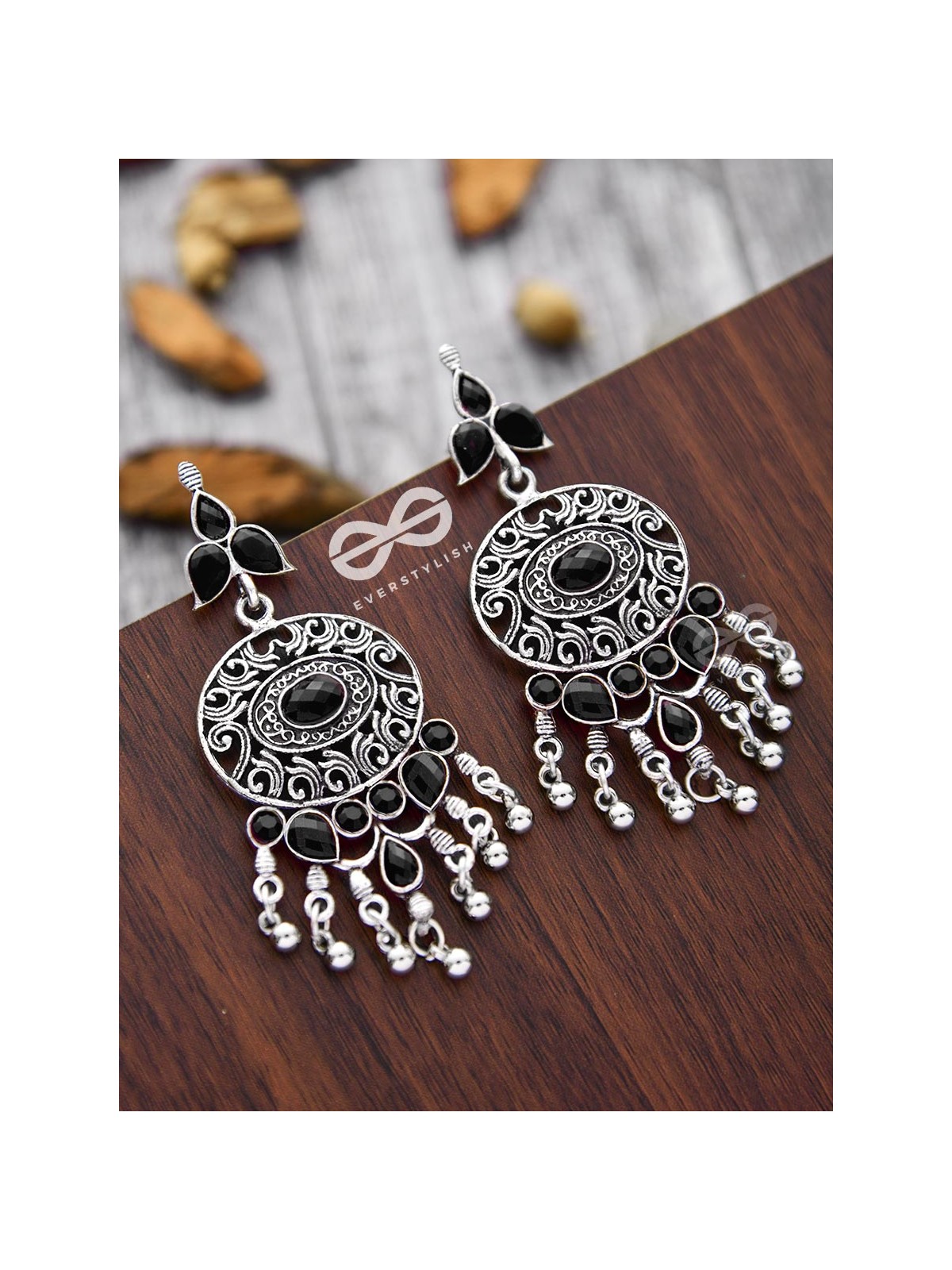 The Playful Elegance - Embellished Oxidised Earrings (Onyx Black)