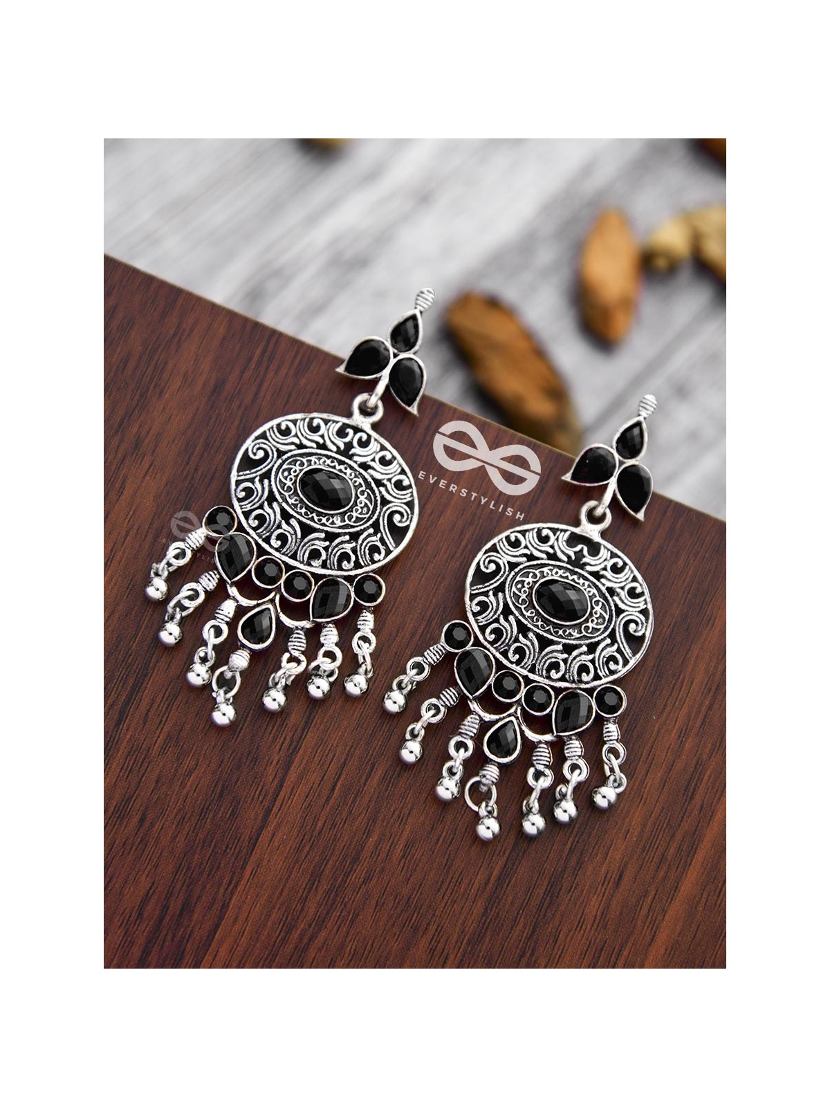The Playful Elegance - Embellished Oxidised Earrings (Onyx Black)