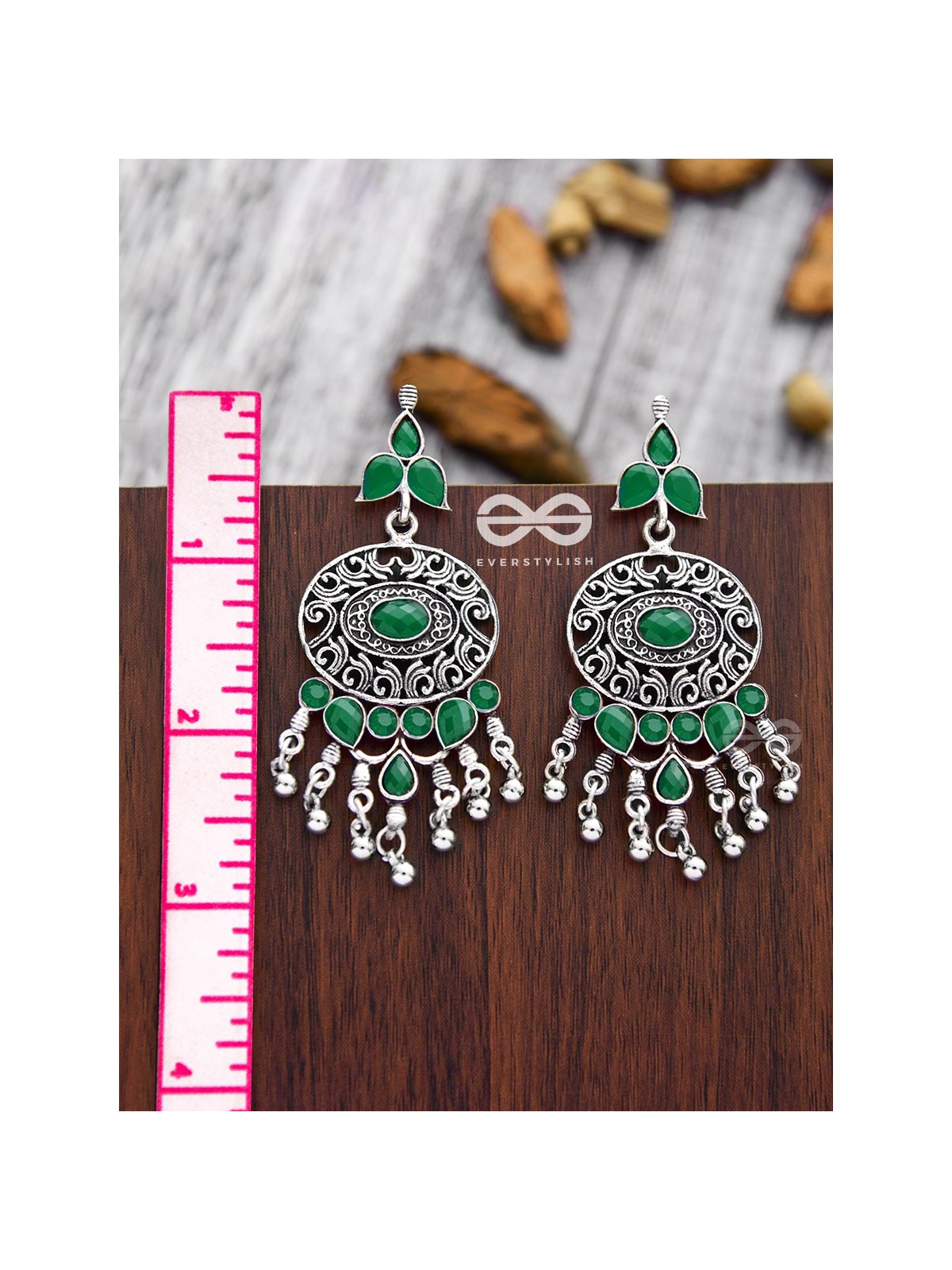 The Playful Elegance - Embellished Oxidised Earrings (Emerald Green)