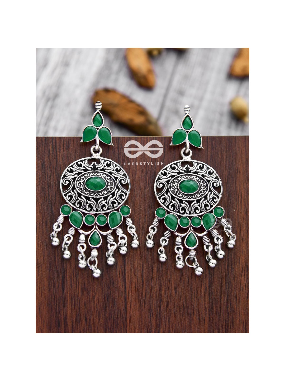 The Playful Elegance - Embellished Oxidised Earrings (Emerald Green)