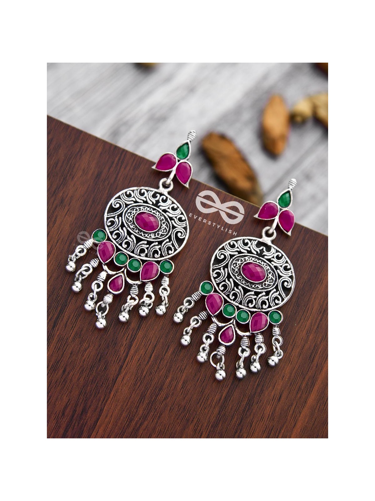 The Playful Elegance - Embellished Oxidised Earrings (Ruby Emerald)